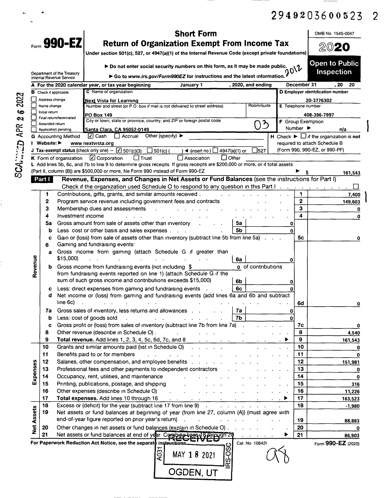 Image of first page of 2020 Form 990EZ for Next Vista for Learning