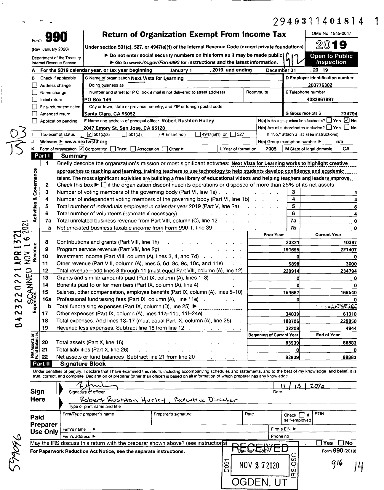 Image of first page of 2019 Form 990 for Next Vista for Learning