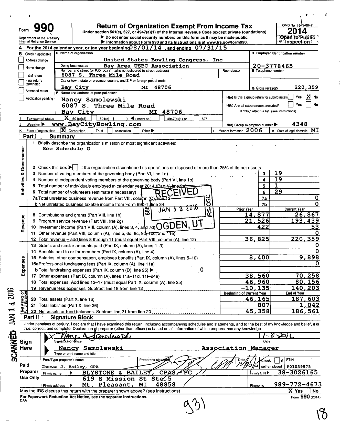 Image of first page of 2014 Form 990 for United States Bowling Congress - 81525 Bay Area Usbc