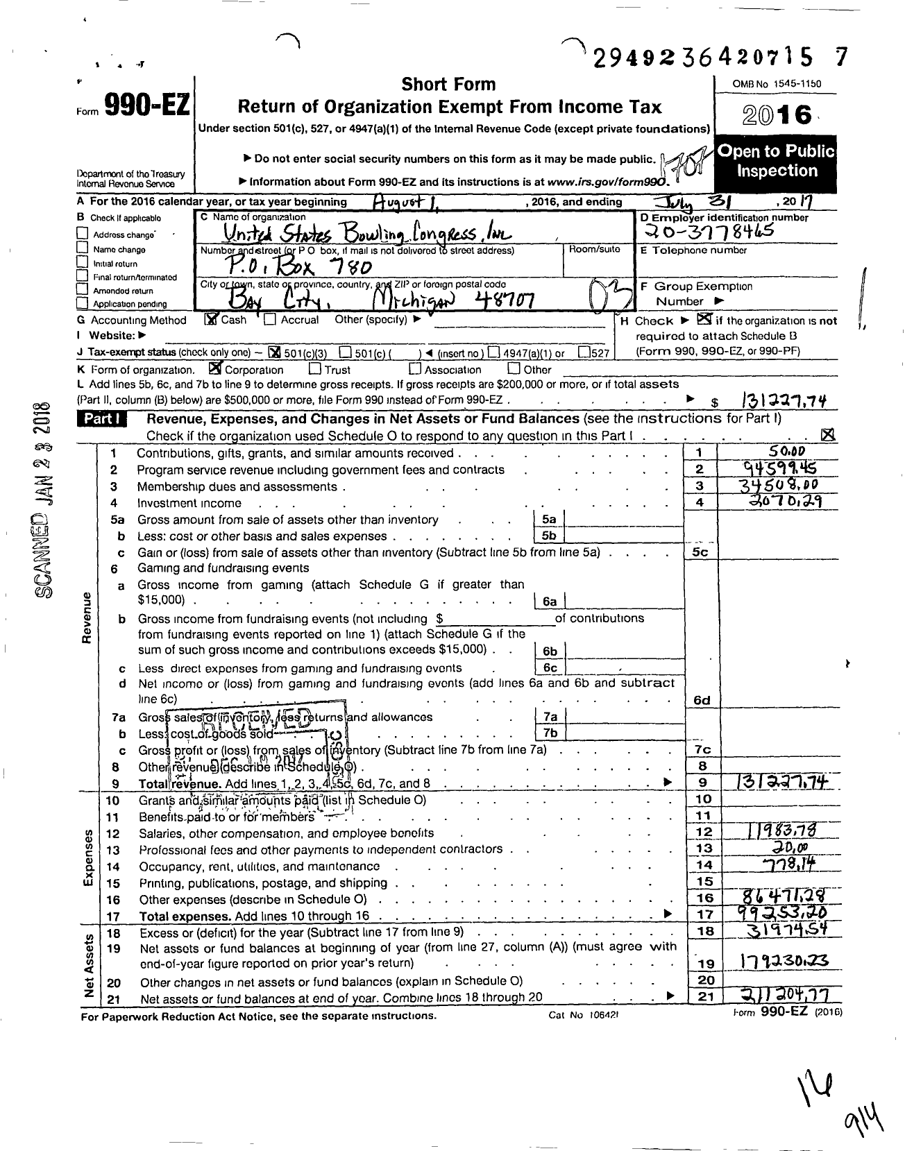 Image of first page of 2016 Form 990EZ for United States Bowling Congress - 81525 Bay Area Usbc