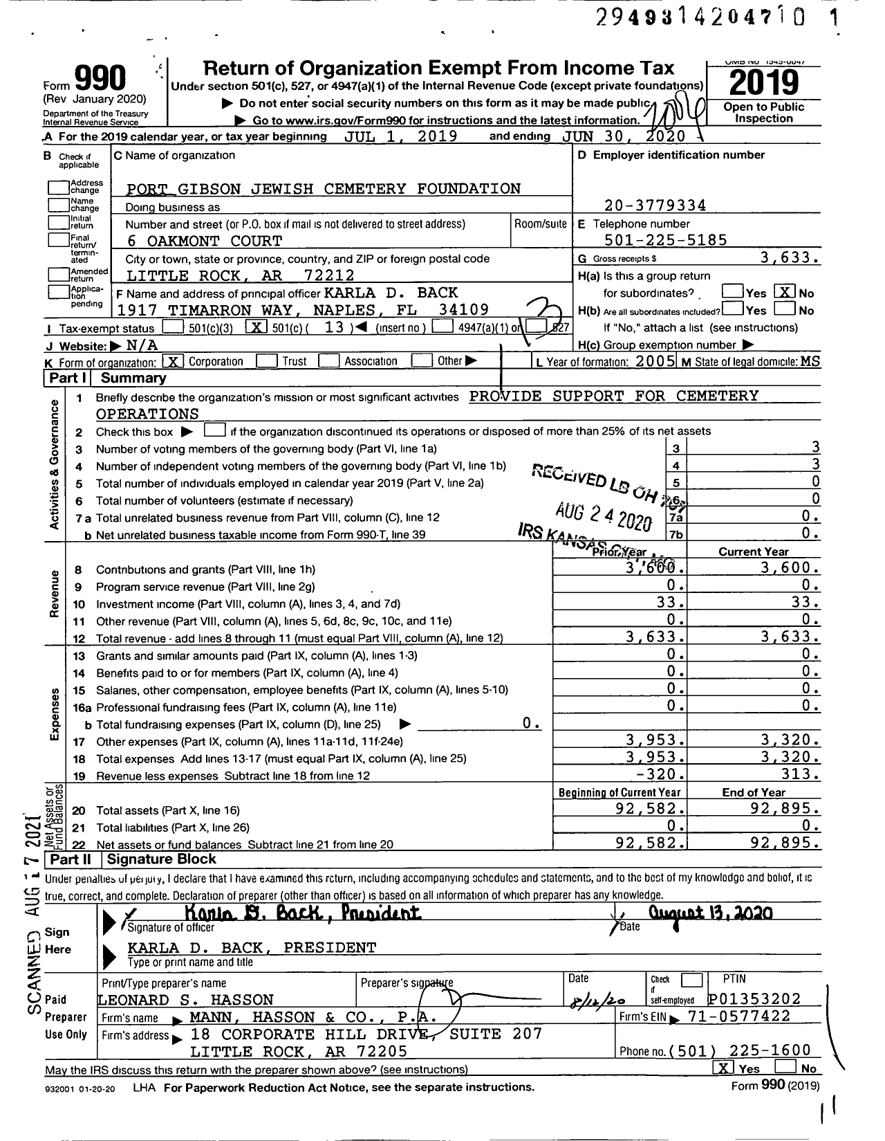 Image of first page of 2019 Form 990O for Port Gibson Jewish Cemetery Foundation