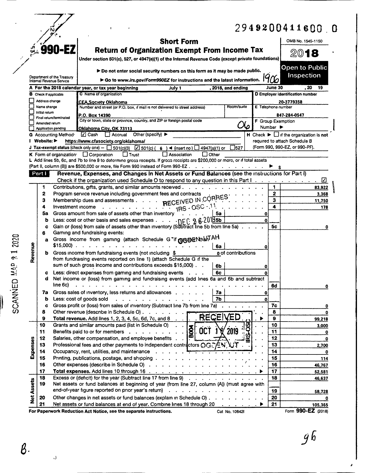 Image of first page of 2018 Form 990EO for CFA Society Oklahoma