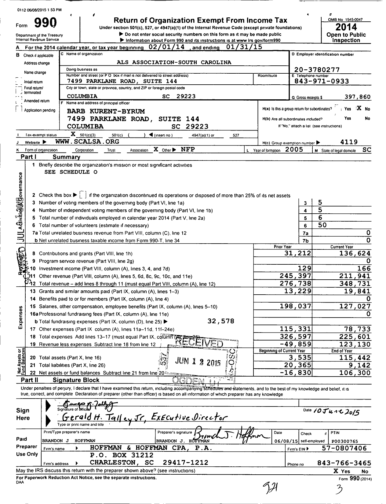 Image of first page of 2014 Form 990 for The Als Association - South Carolina Chapter