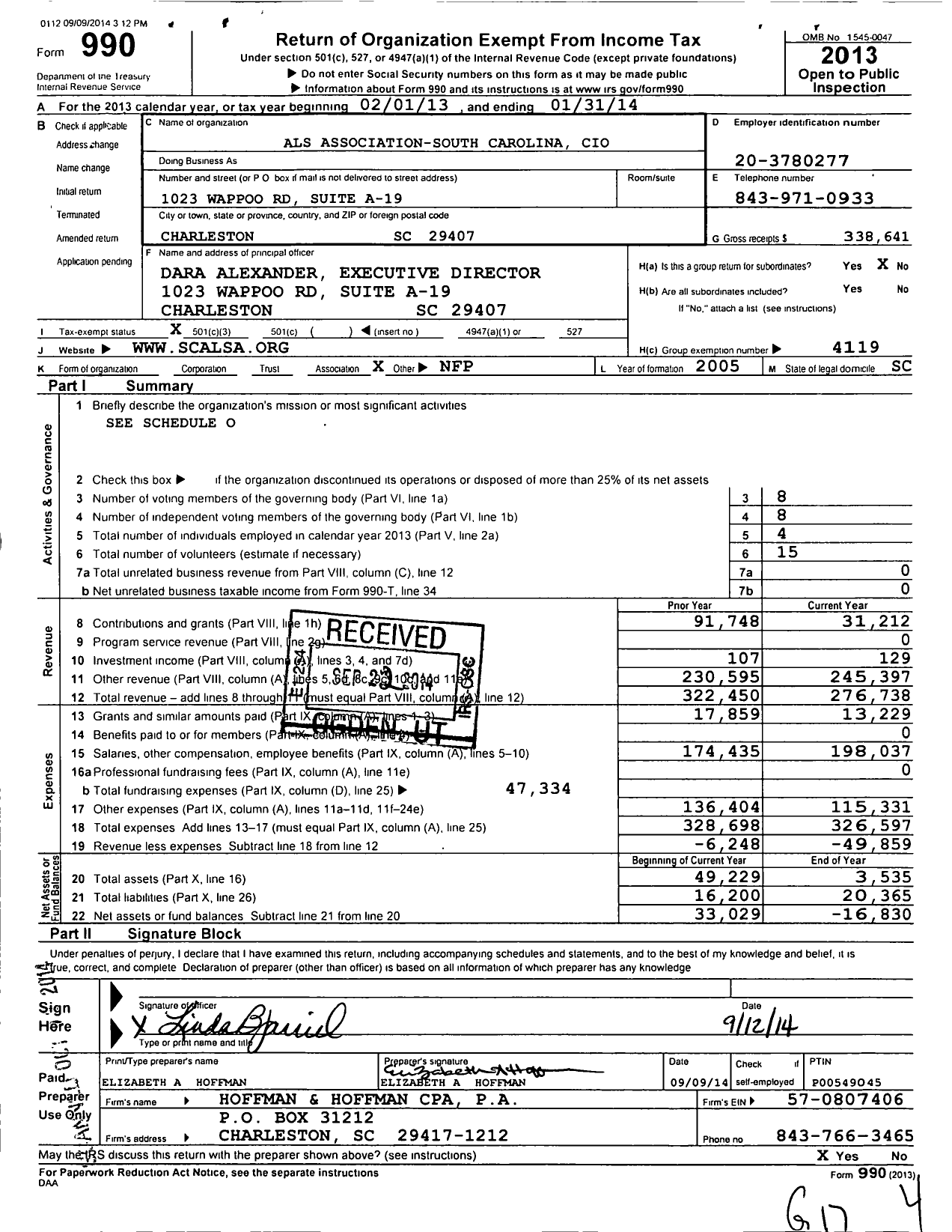 Image of first page of 2013 Form 990 for The Als Association - South Carolina Chapter