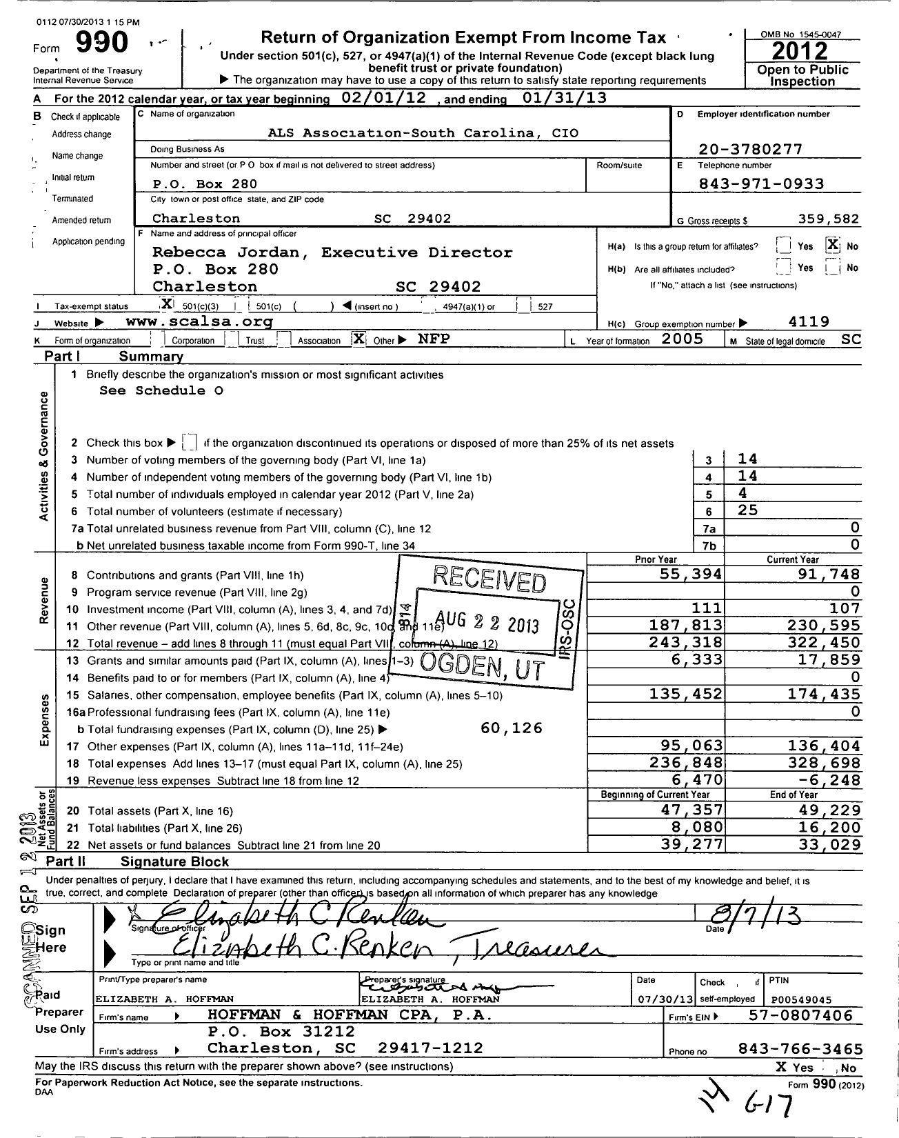 Image of first page of 2012 Form 990 for The Als Association - South Carolina Chapter