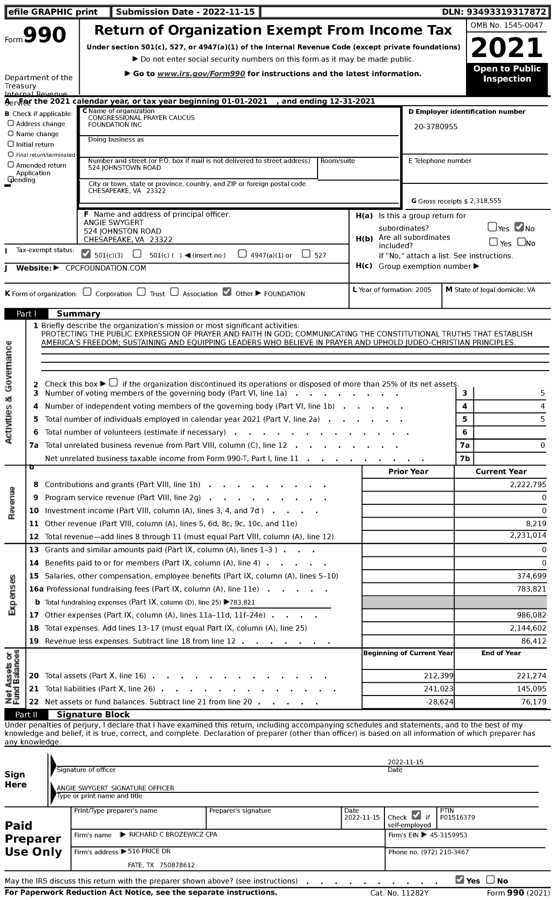 Image of first page of 2021 Form 990 for Congressional Prayer Caucus Foundation (CPCF)
