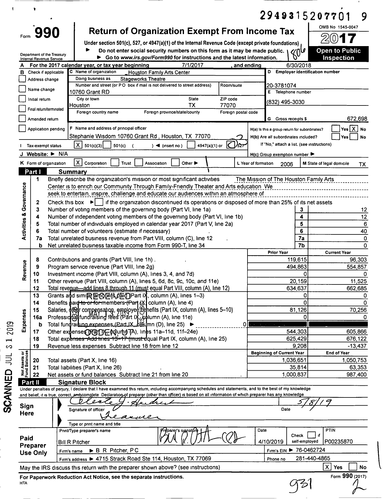 Image of first page of 2017 Form 990 for Houston Family Arts Center Stageworks Theatre