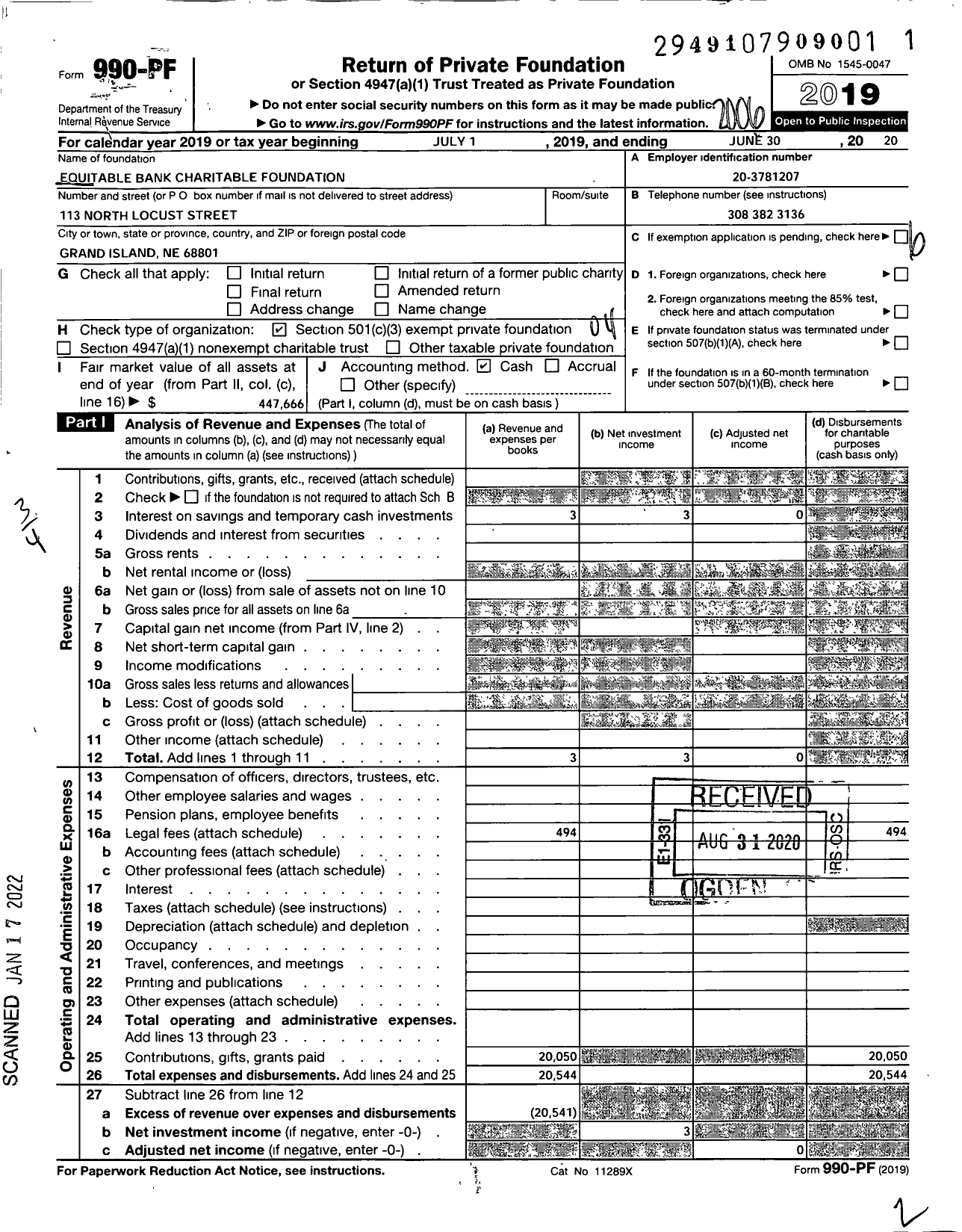 Image of first page of 2019 Form 990PF for Equitable Bank Charitable Foundation