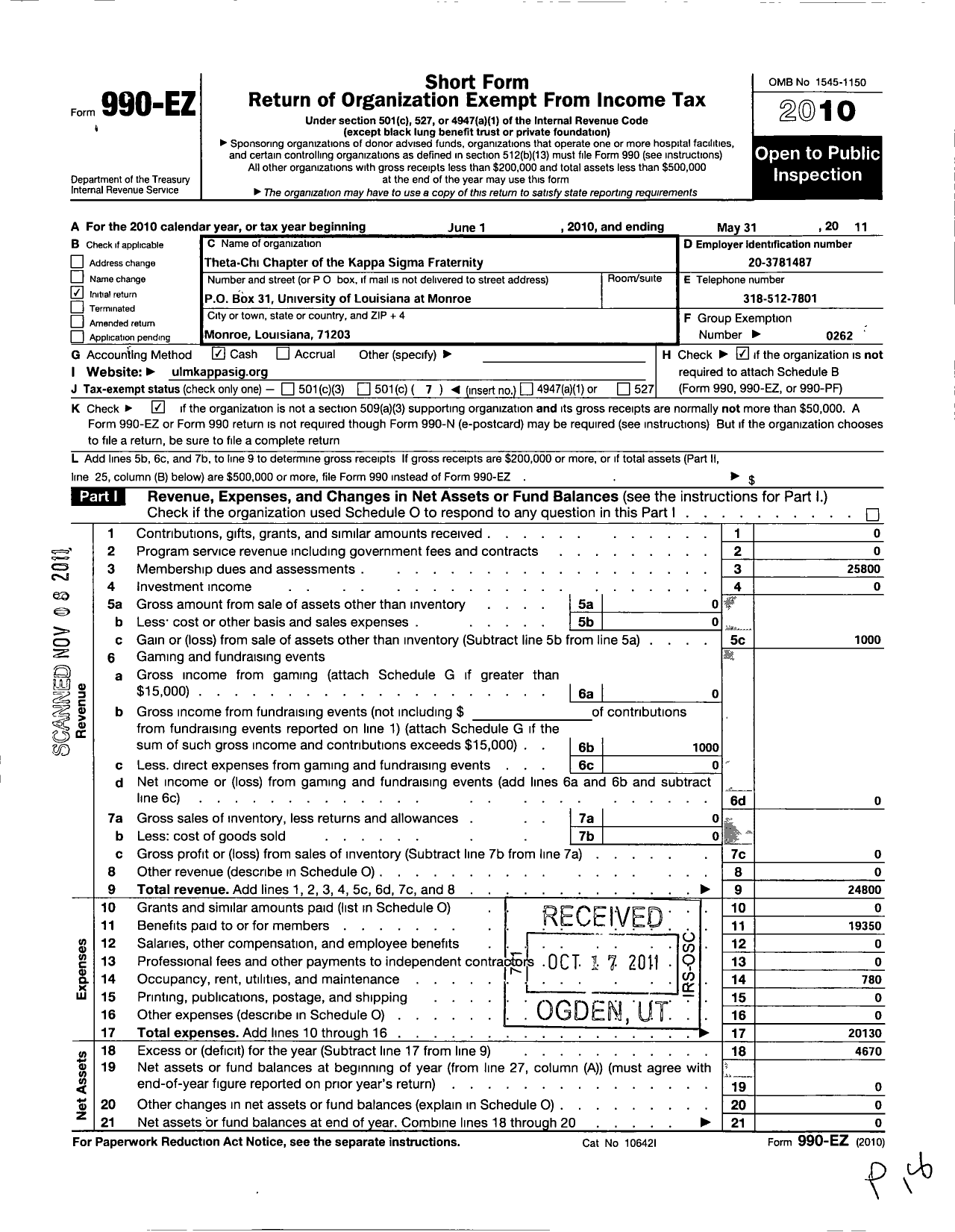 Image of first page of 2010 Form 990EO for Kappa Sigma Fraternity - Theta-Chi Chapter