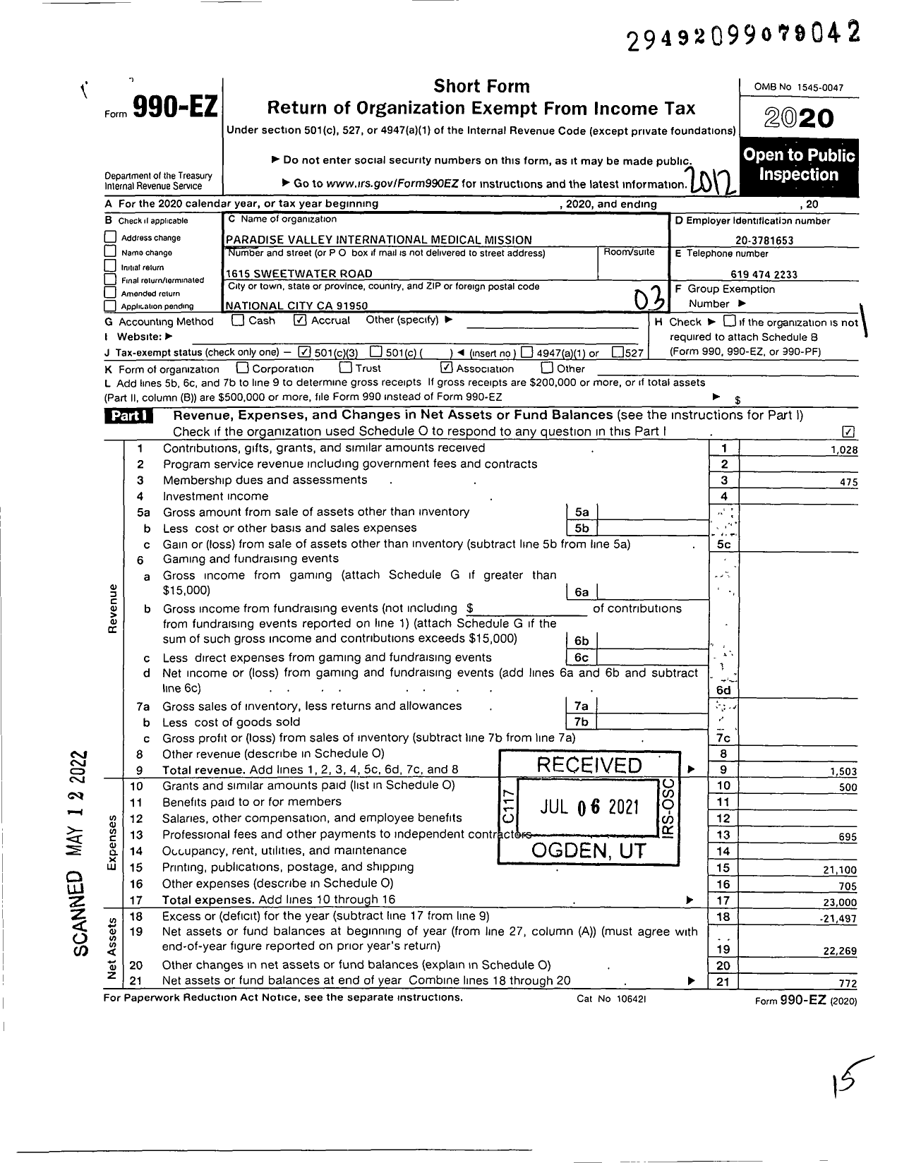 Image of first page of 2020 Form 990EZ for Paradise Valley International Medical Mission