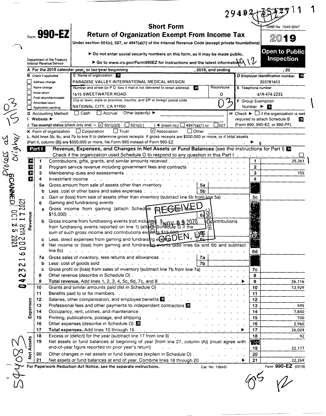 Image of first page of 2019 Form 990EZ for Paradise Valley International Medical Mission