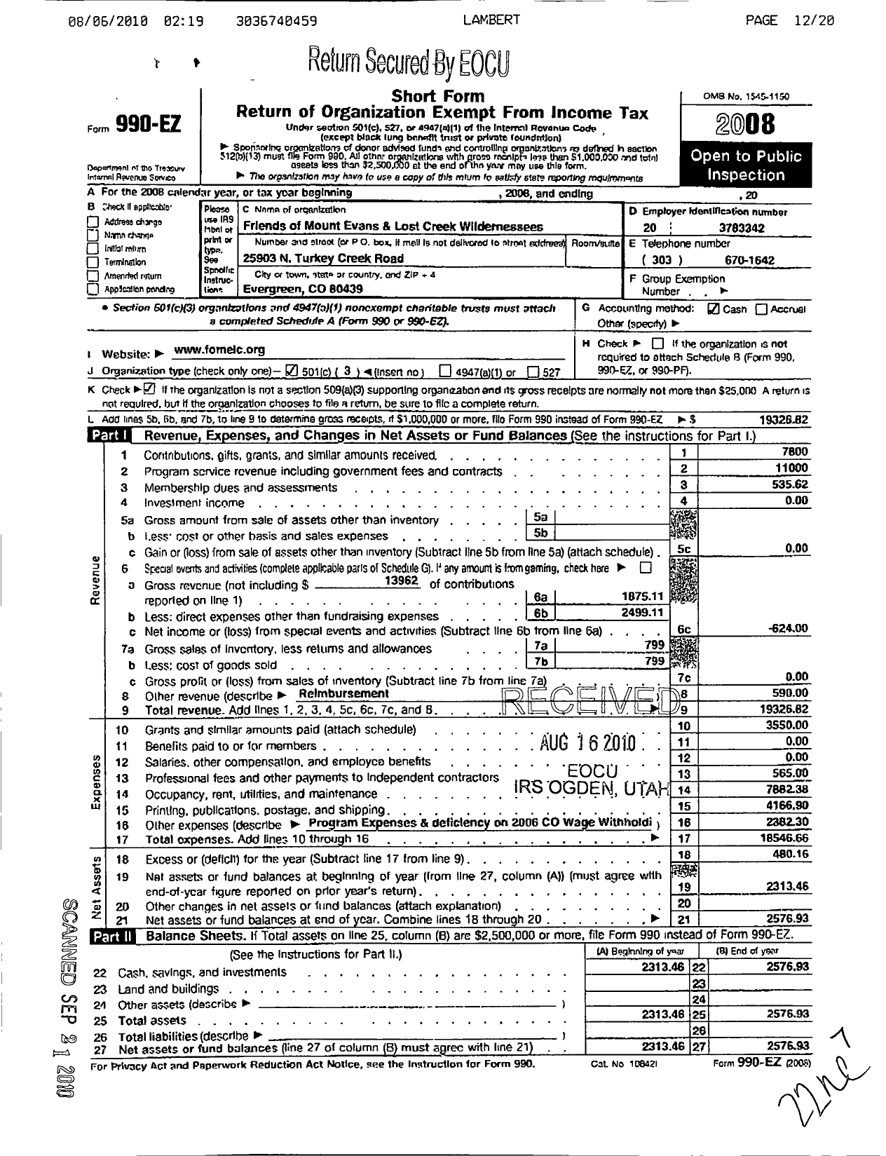 Image of first page of 2008 Form 990EZ for Friends of Mount Evans and Lost Creek Wildernesses