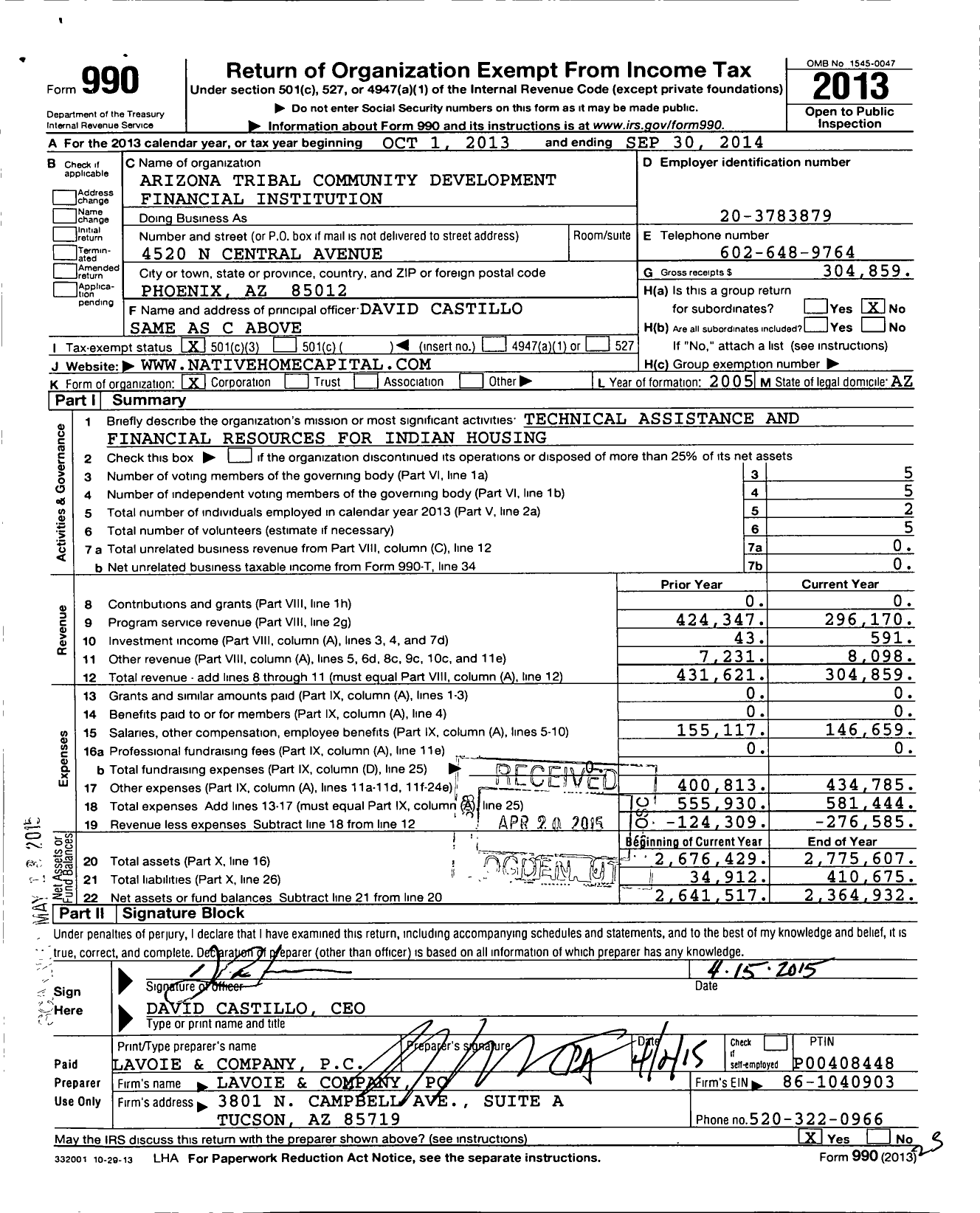 Image of first page of 2013 Form 990 for Native Capital Access