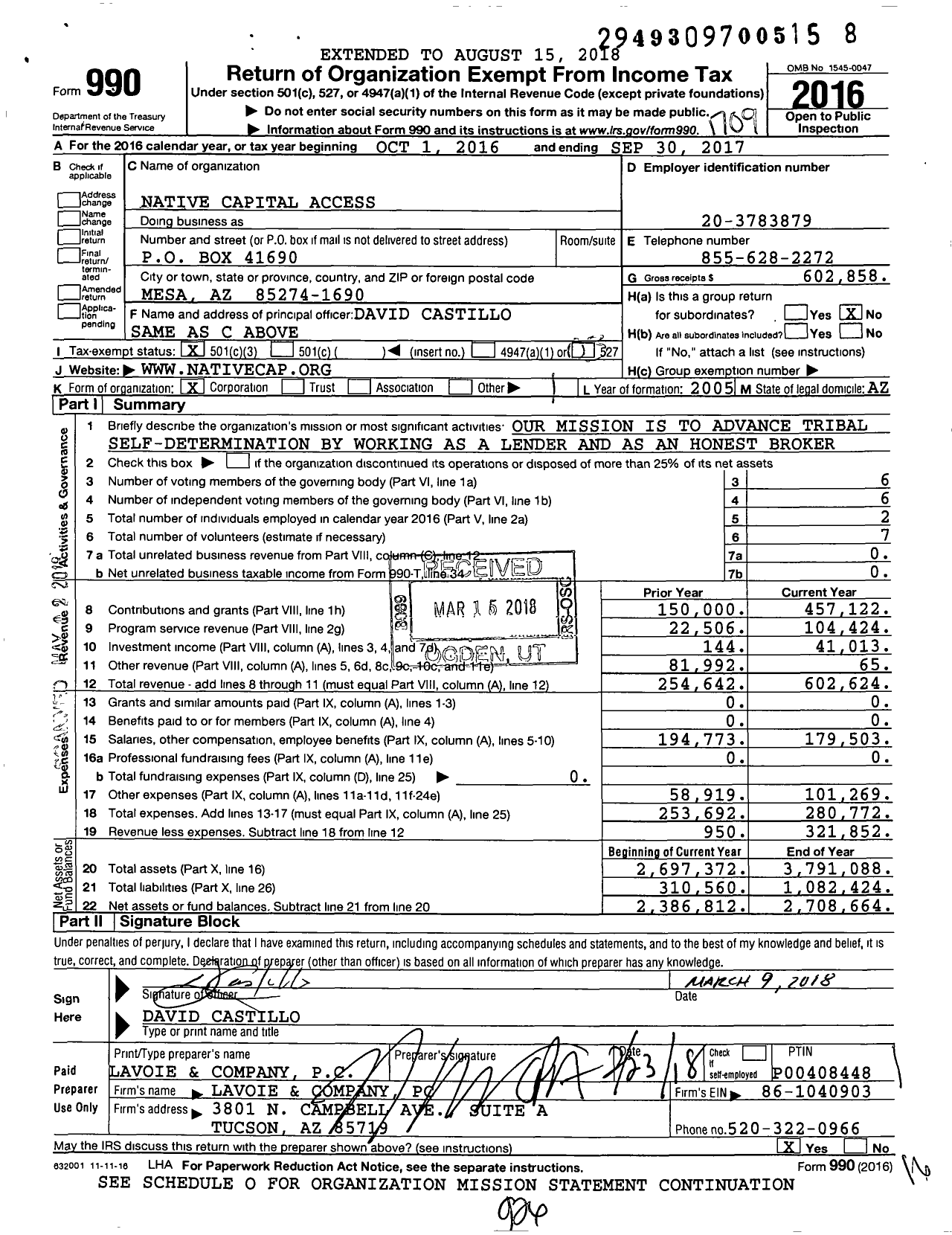 Image of first page of 2016 Form 990 for Native Capital Access