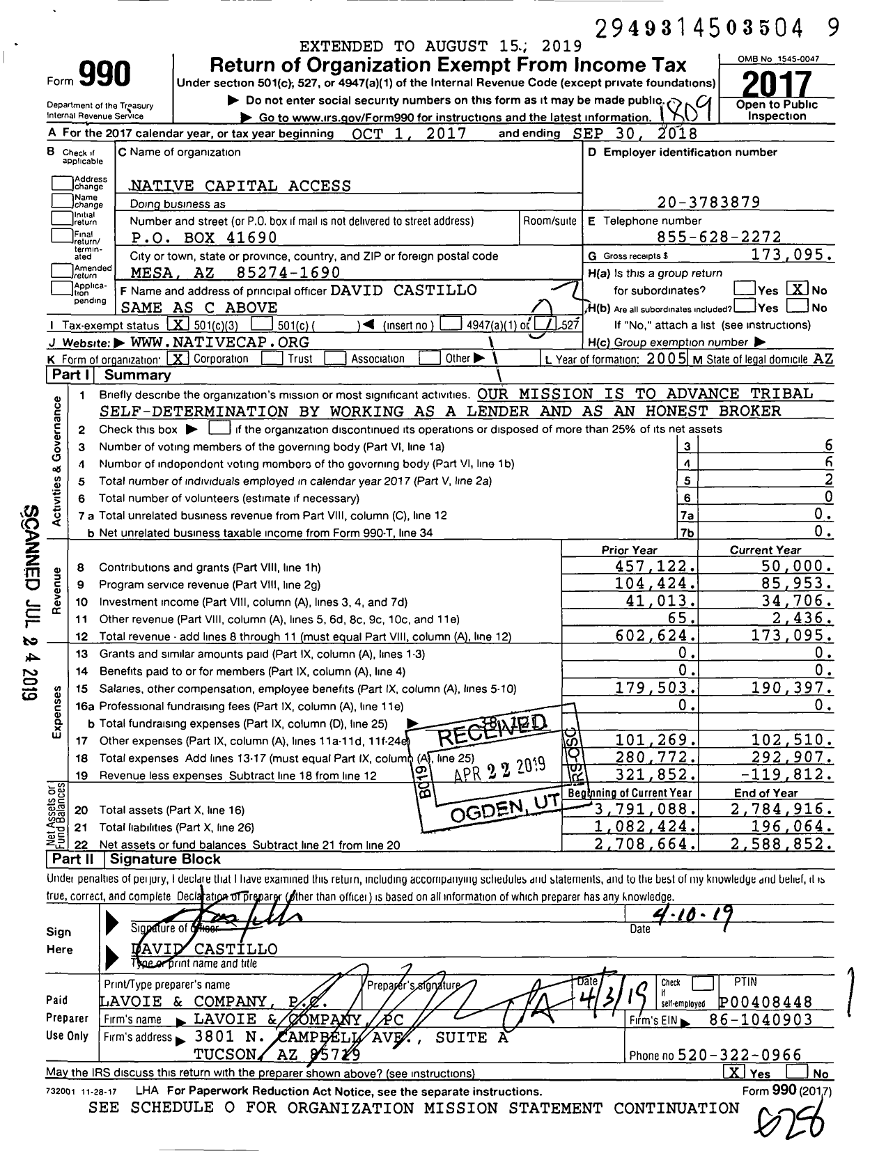 Image of first page of 2017 Form 990 for Native Capital Access