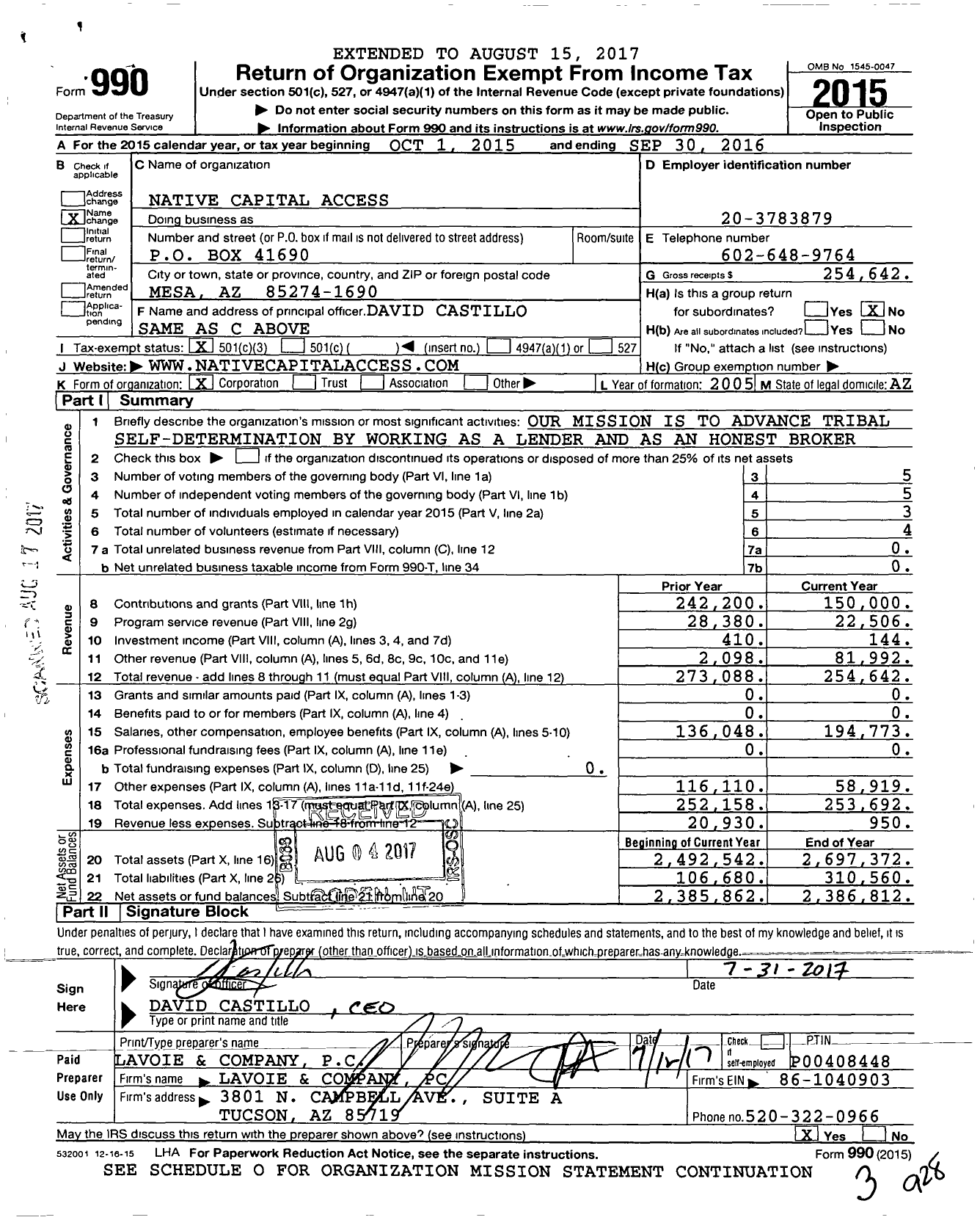 Image of first page of 2015 Form 990 for Native Capital Access