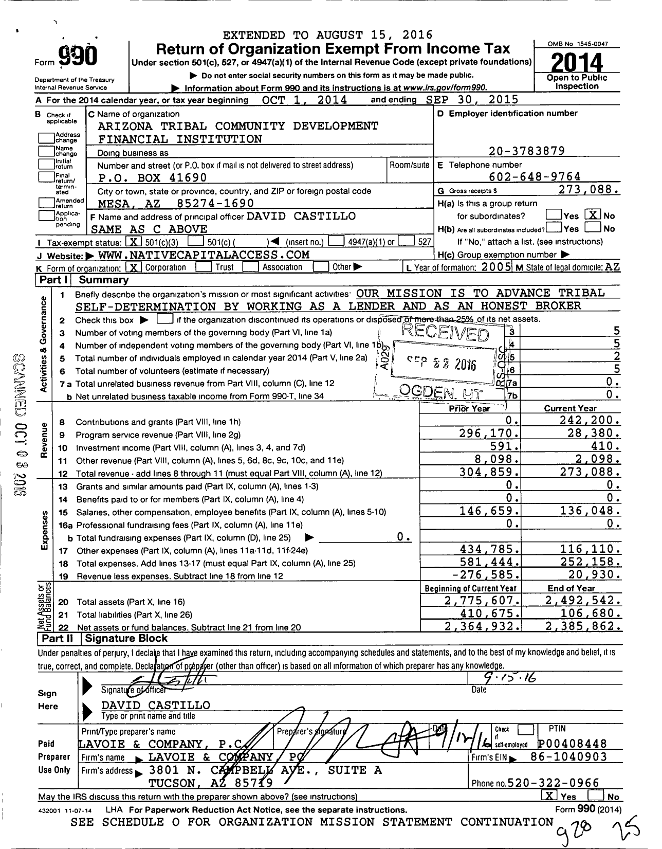 Image of first page of 2014 Form 990 for Native Capital Access