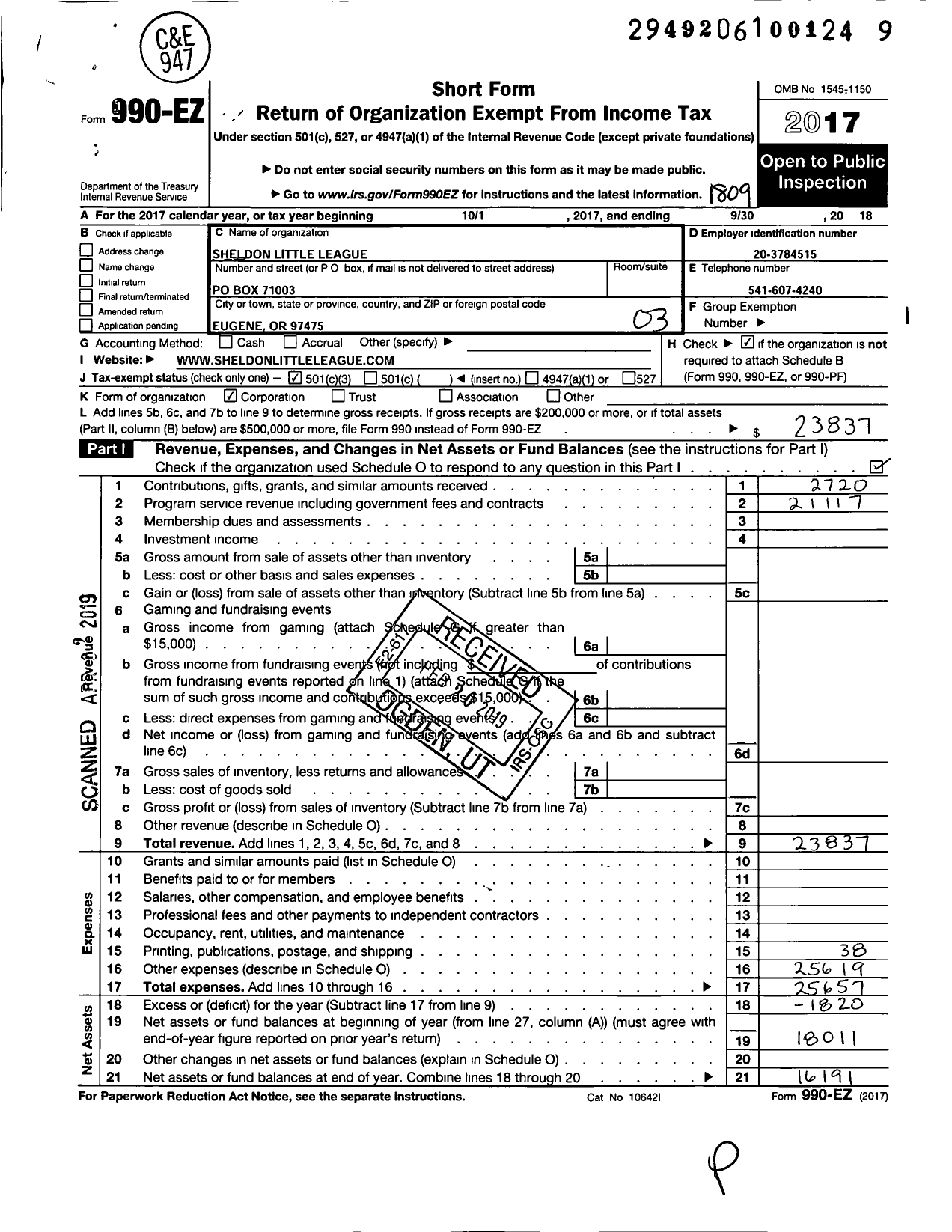 Image of first page of 2017 Form 990EZ for Little League Baseball - 179059 Sheldon LL