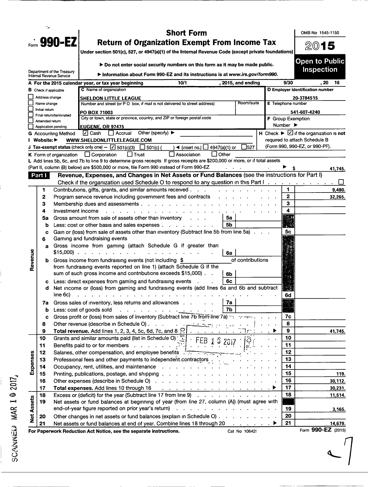 Image of first page of 2015 Form 990EZ for Little League Baseball - 179059 Sheldon LL