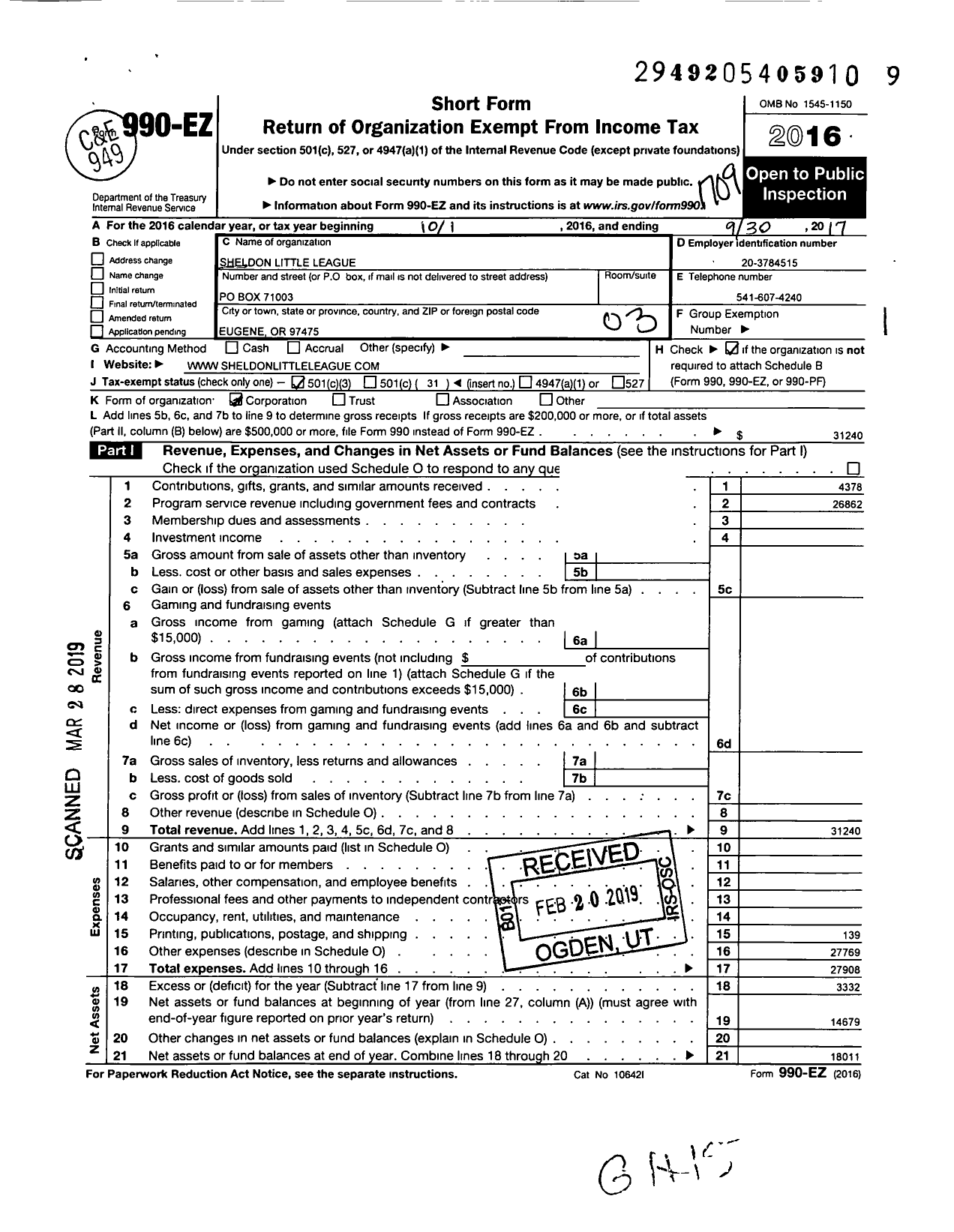 Image of first page of 2016 Form 990EZ for Little League Baseball - 179059 Sheldon LL