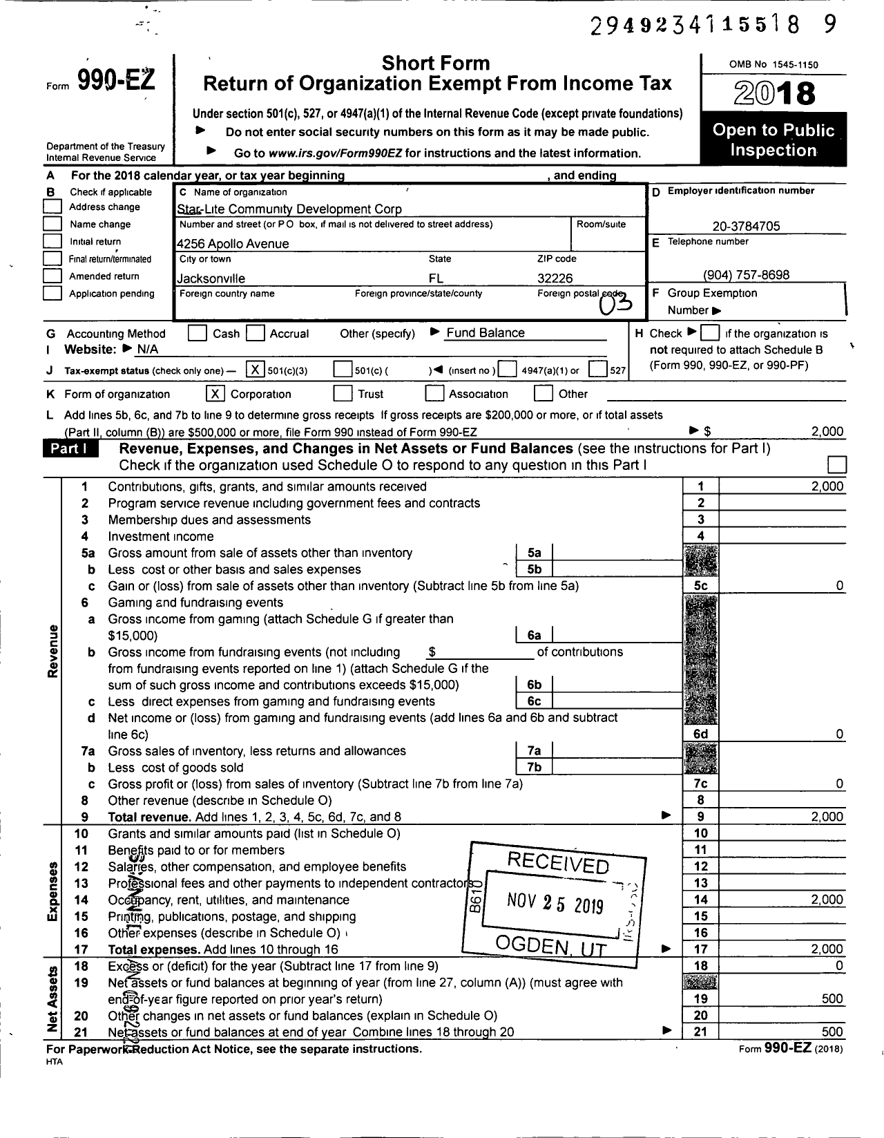 Image of first page of 2018 Form 990EZ for Star-Lite Community Development Corp