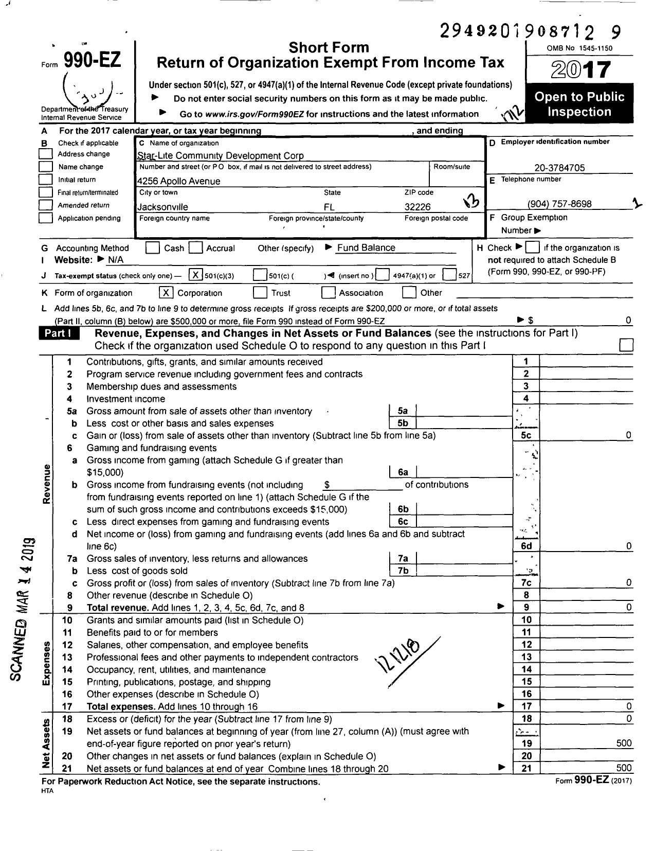 Image of first page of 2017 Form 990EZ for Star-Lite Community Development Corp