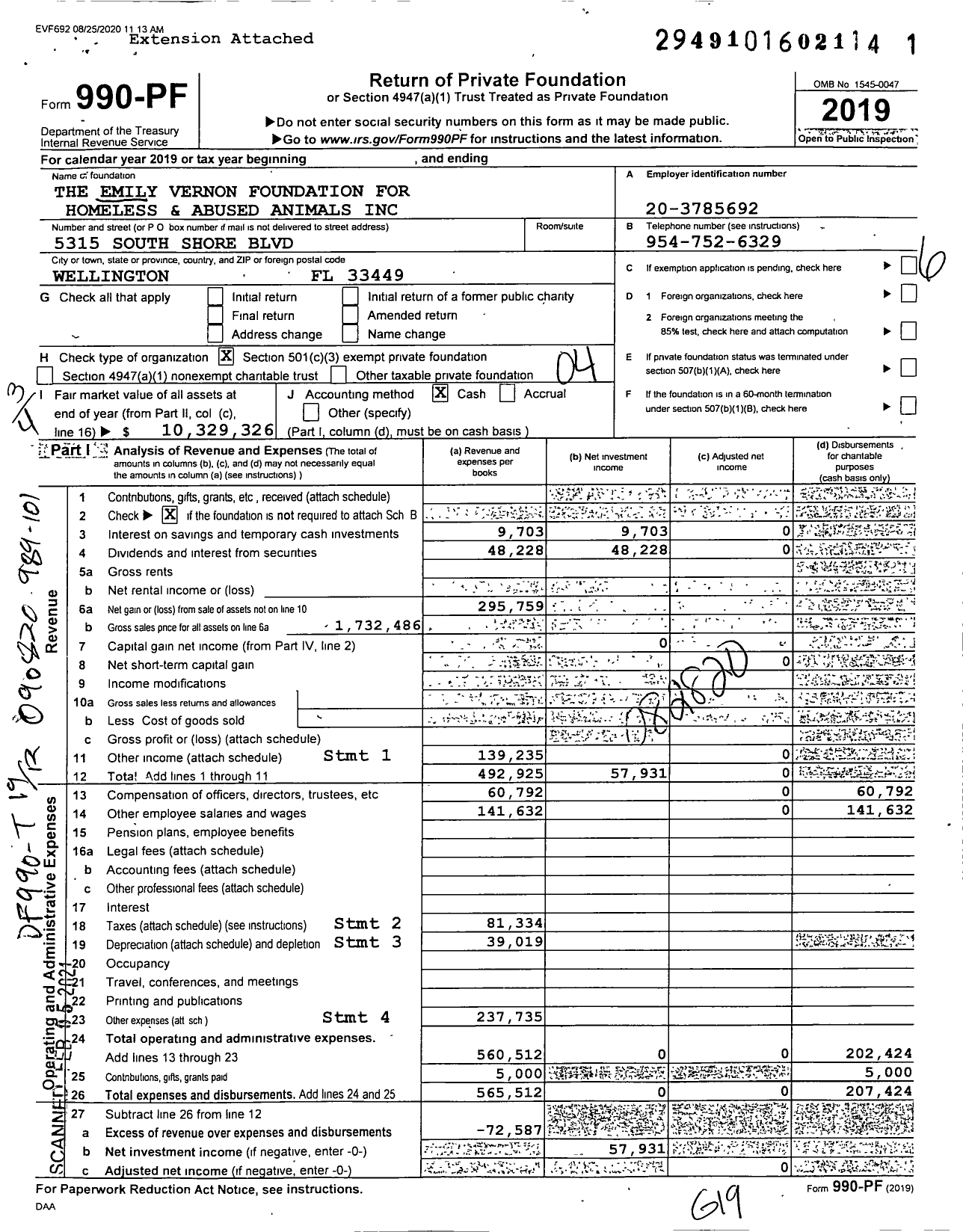 Image of first page of 2019 Form 990PF for The Emily Vernon Foundation for Homeless and Abused Animals