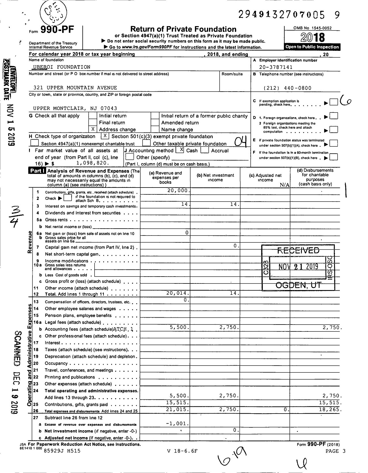 Image of first page of 2018 Form 990PF for Uberoi Foundation