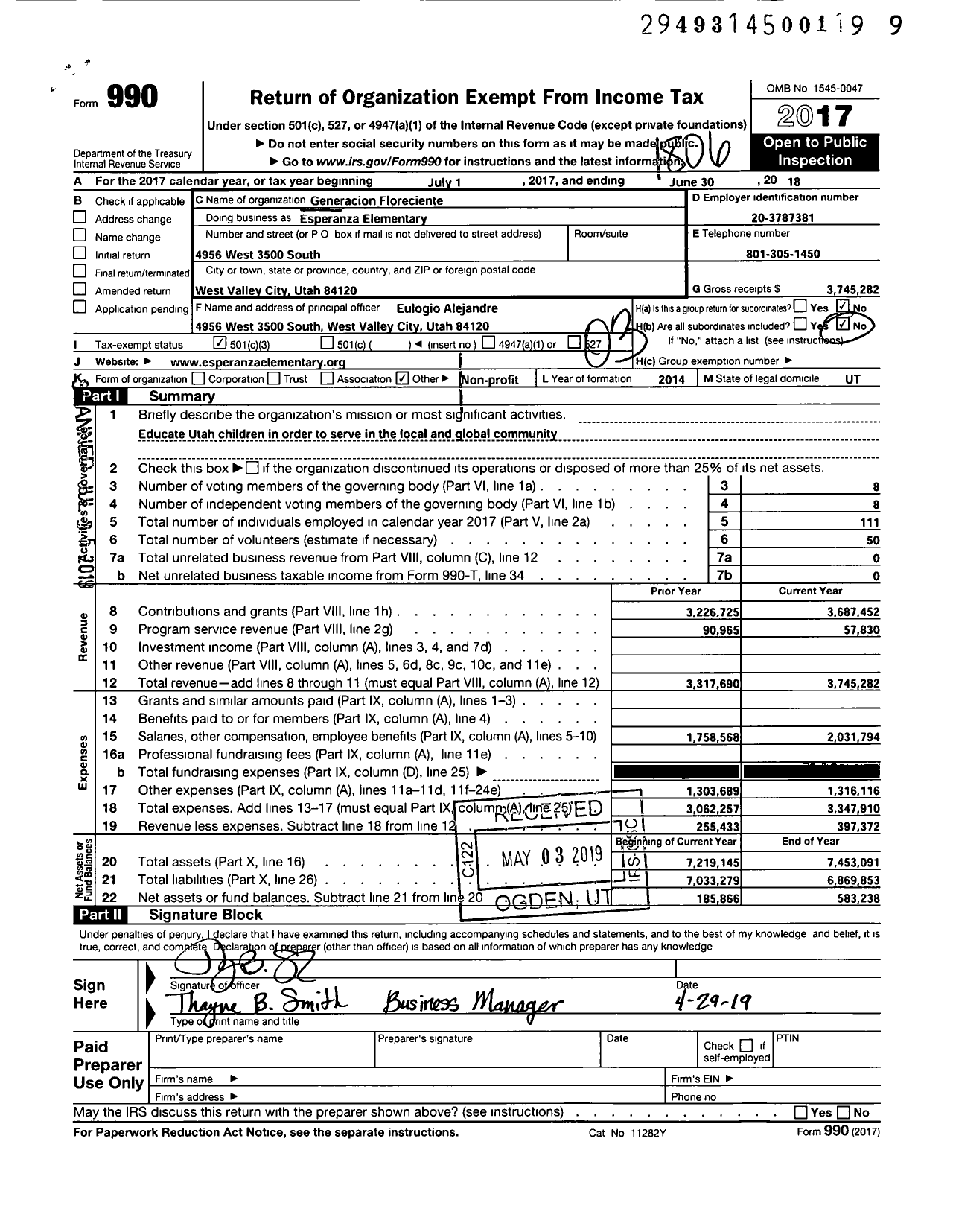 Image of first page of 2017 Form 990 for Esperanza Elementary