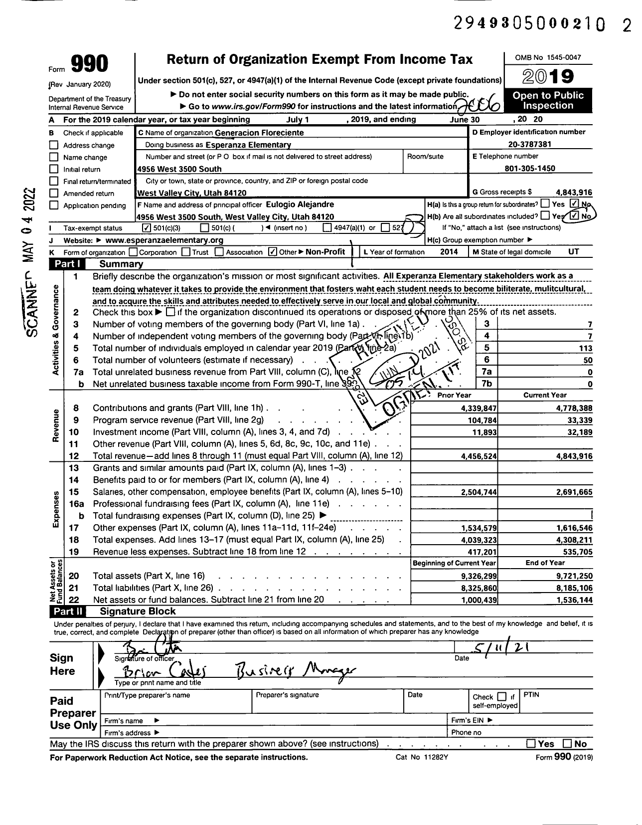 Image of first page of 2019 Form 990 for Esperanza Elementary