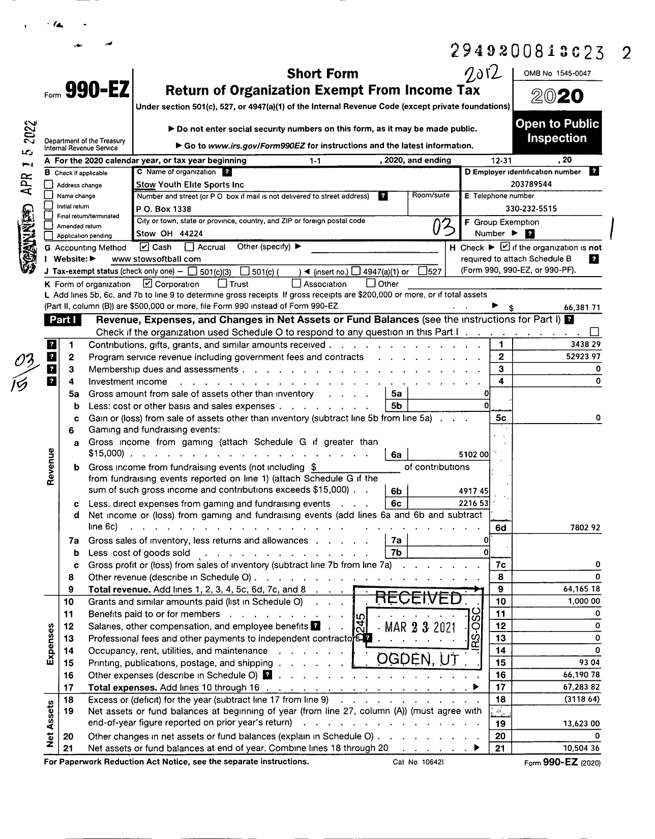 Image of first page of 2020 Form 990EZ for Stow Youth Softball