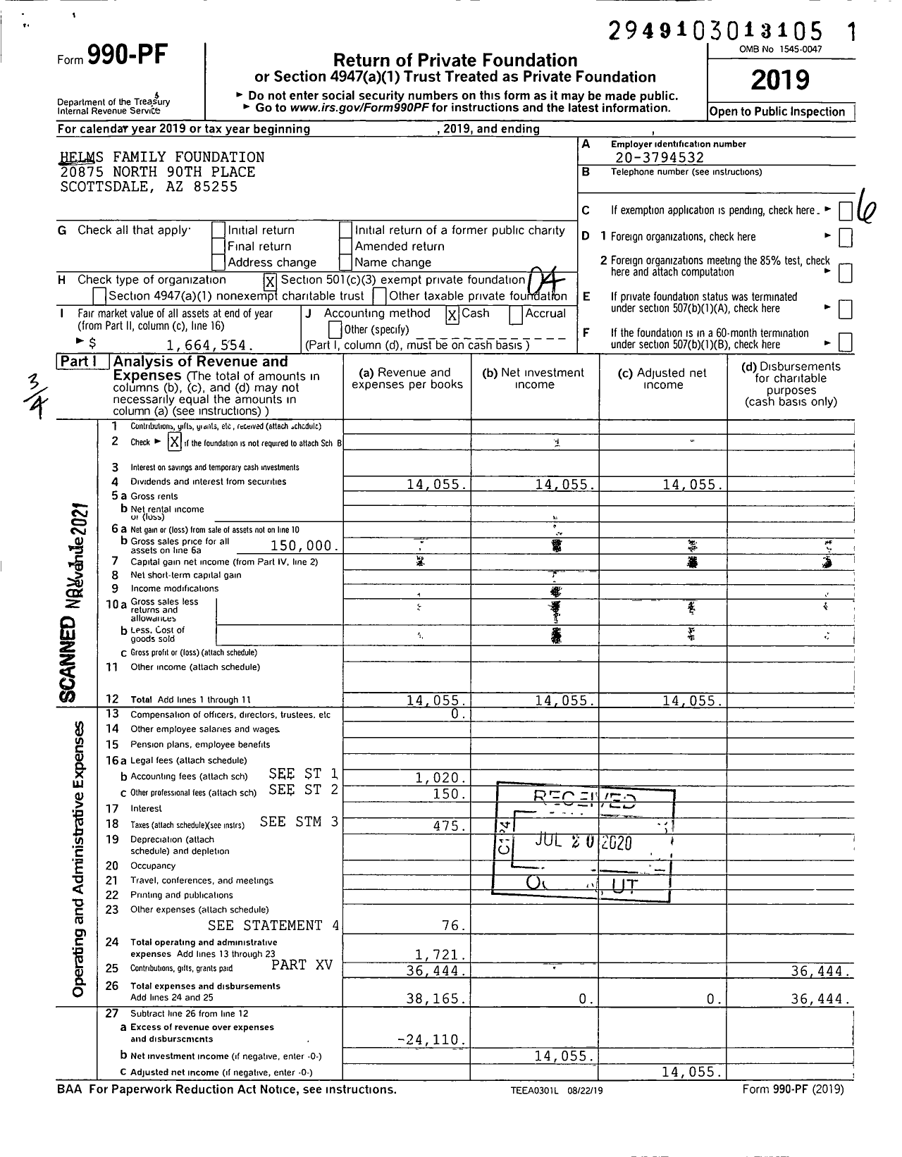 Image of first page of 2019 Form 990PF for Helms Family Foundation