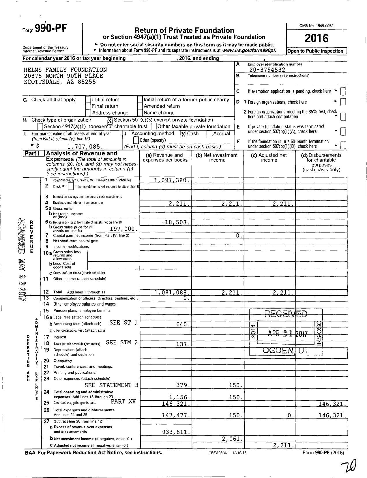 Image of first page of 2016 Form 990PF for Helms Family Foundation