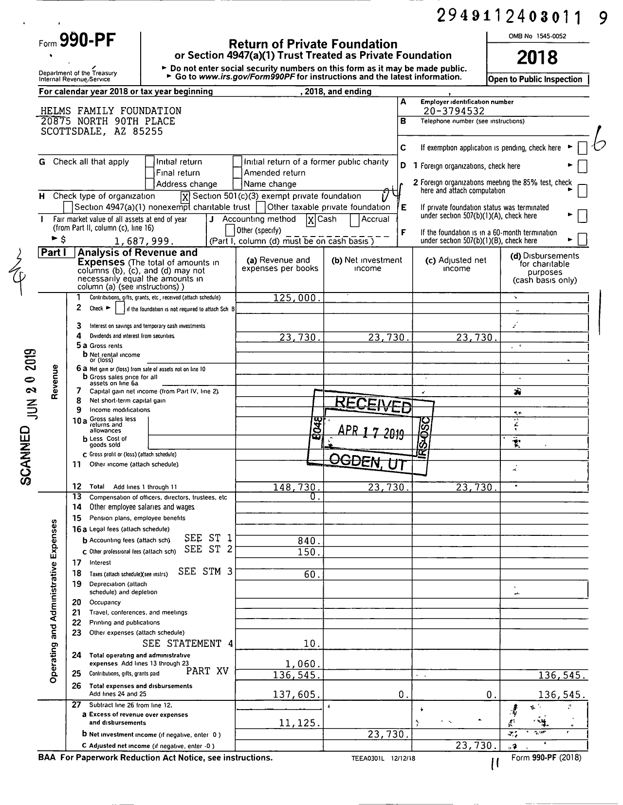 Image of first page of 2018 Form 990PF for Helms Family Foundation