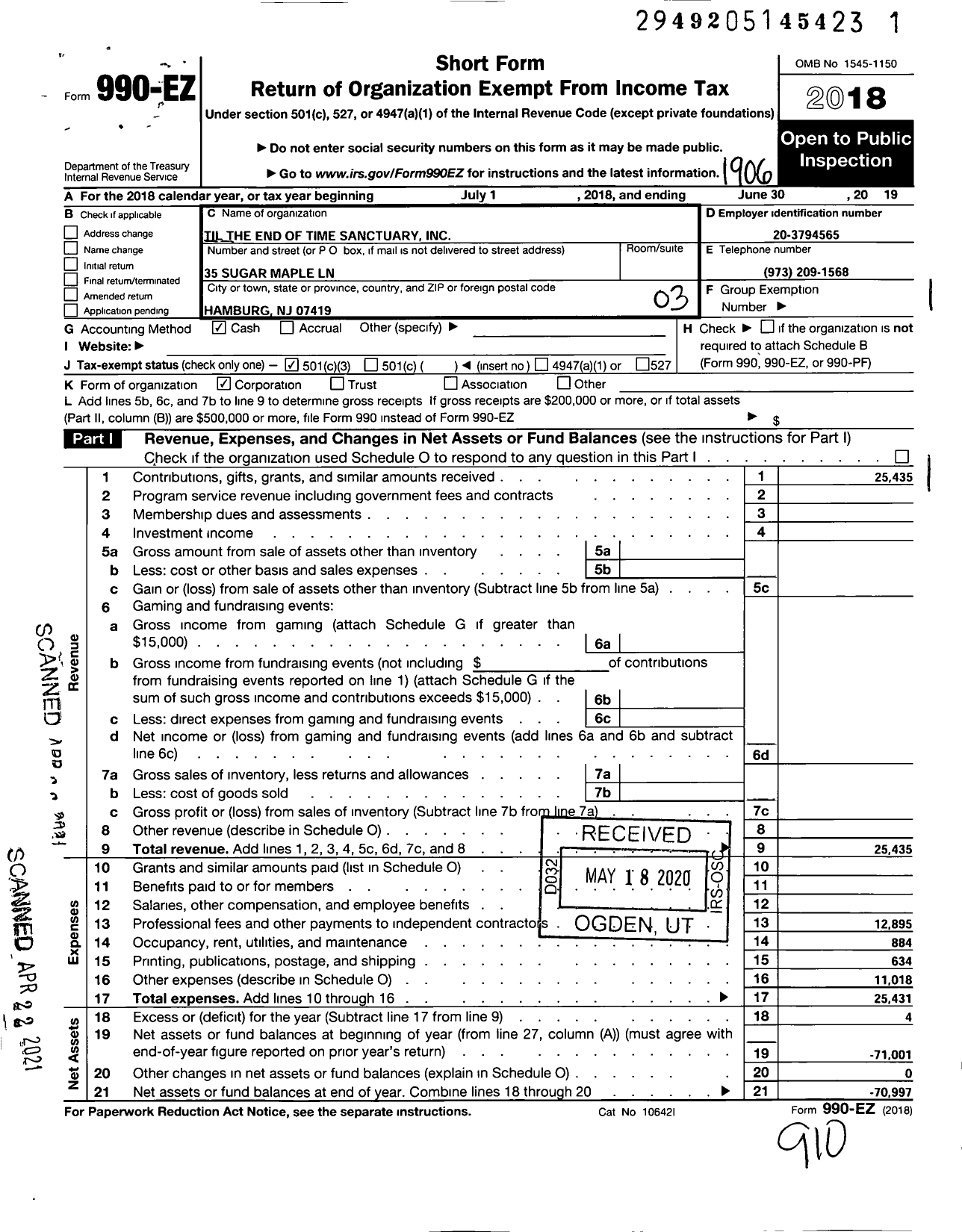 Image of first page of 2018 Form 990EZ for Til The End Of Time Sanctuary