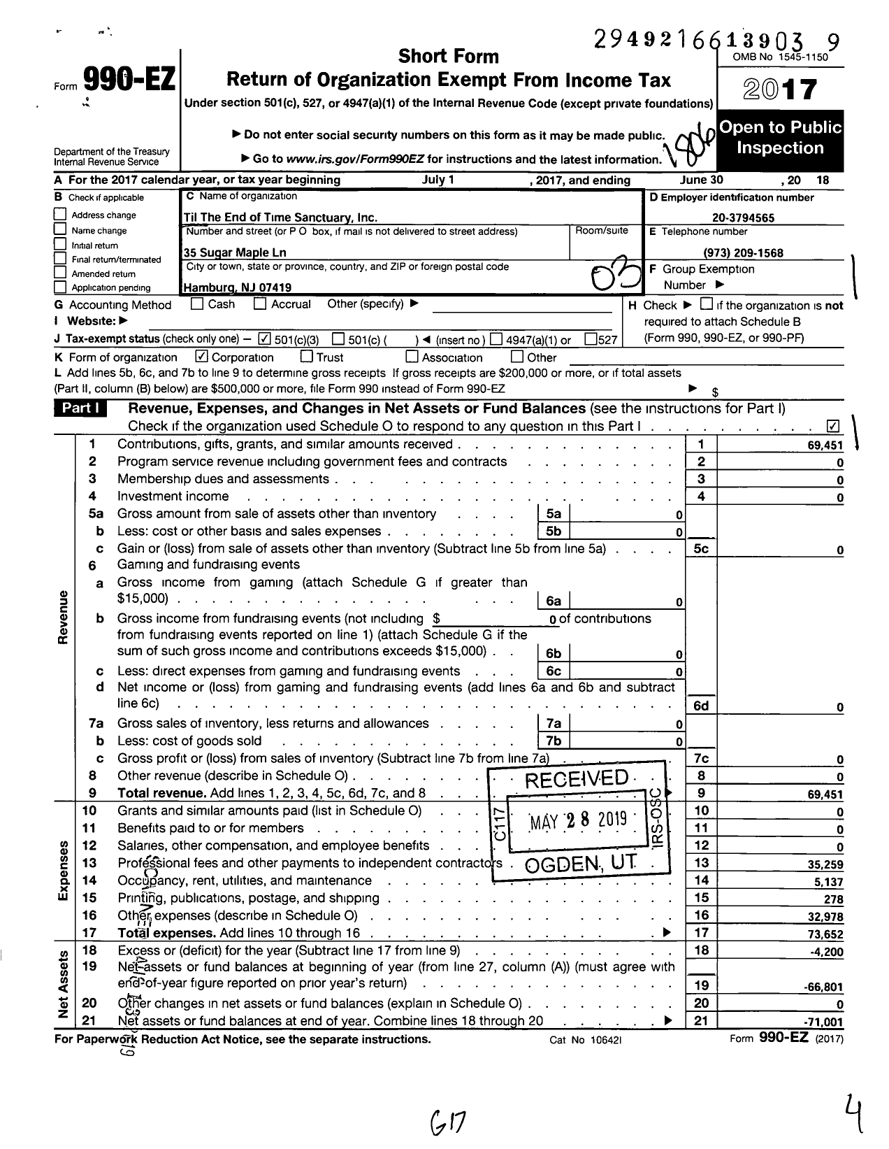 Image of first page of 2017 Form 990EZ for Til The End Of Time Sanctuary