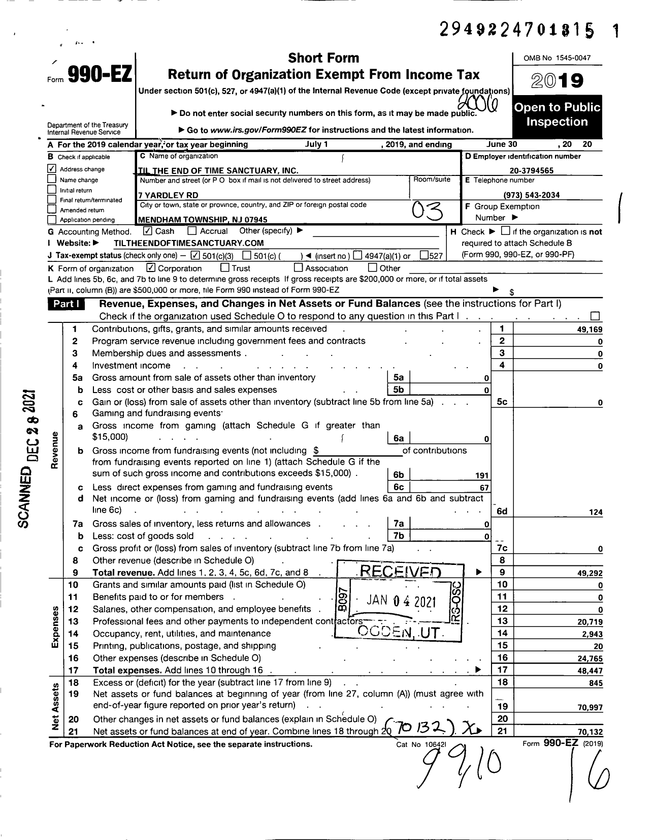 Image of first page of 2019 Form 990EZ for Til The End Of Time Sanctuary