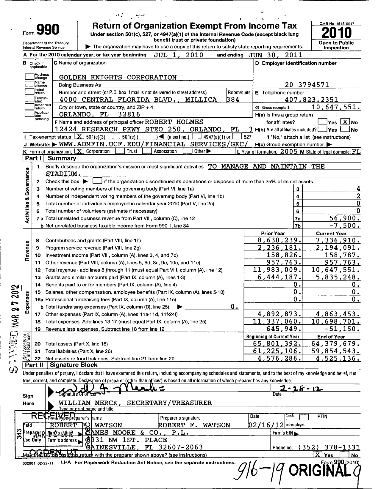 Image of first page of 2010 Form 990 for Golden Knights Corporation