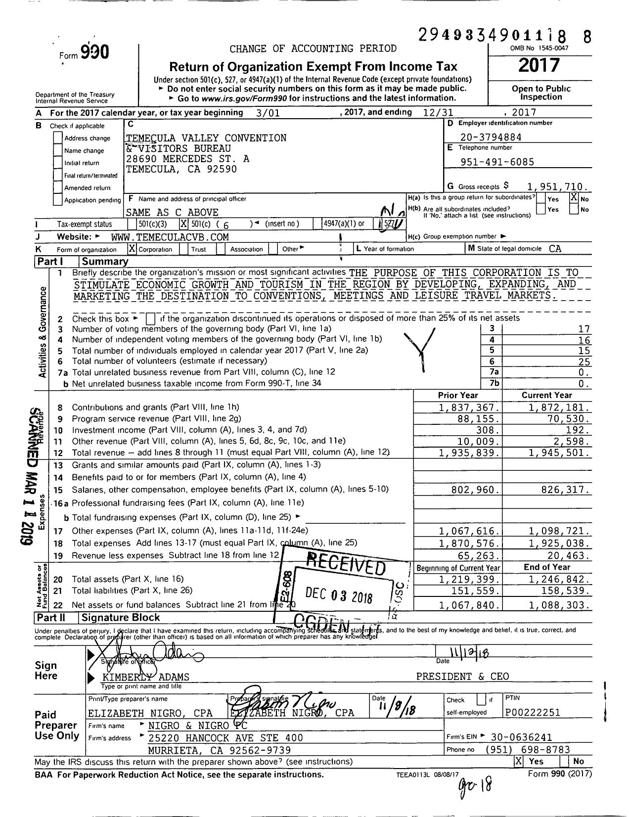 Image of first page of 2017 Form 990O for Visit Temecula Valley