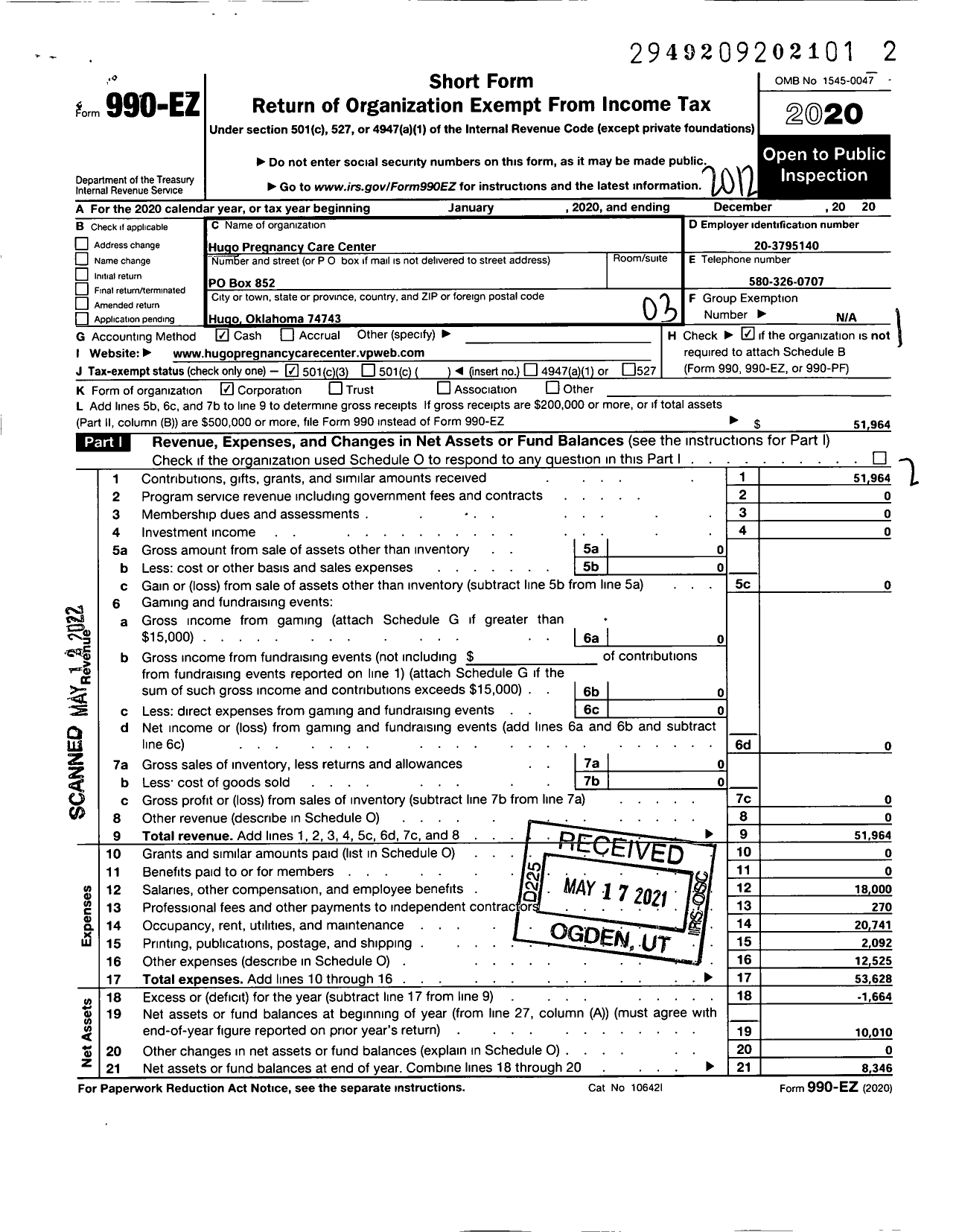 Image of first page of 2020 Form 990EZ for Hugo Pregnancy Care Center