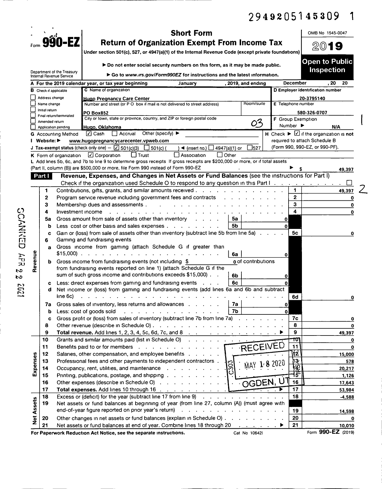 Image of first page of 2019 Form 990EZ for Hugo Pregnancy Care Center