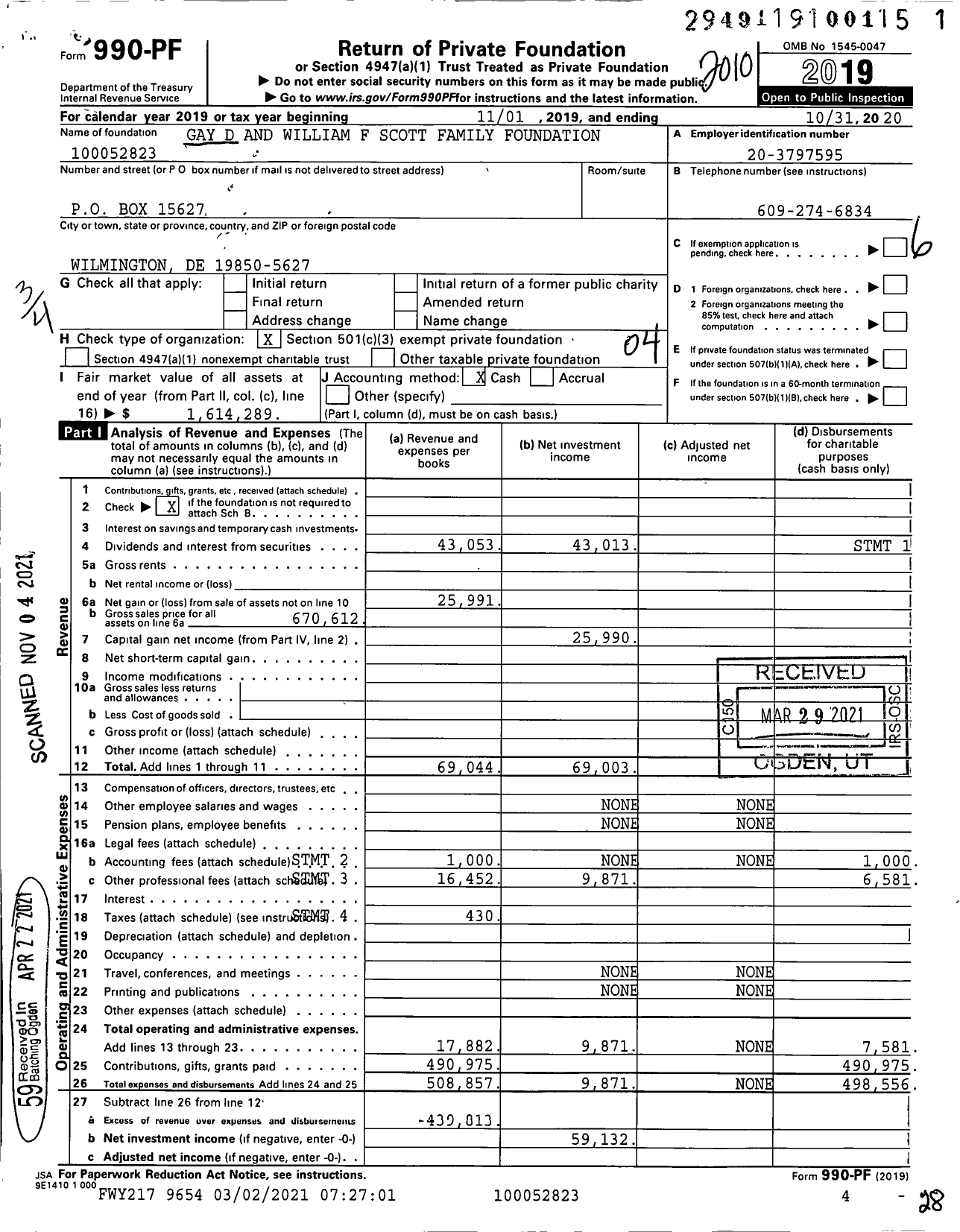 Image of first page of 2019 Form 990PF for Gay D and William F Scott Family Foundation