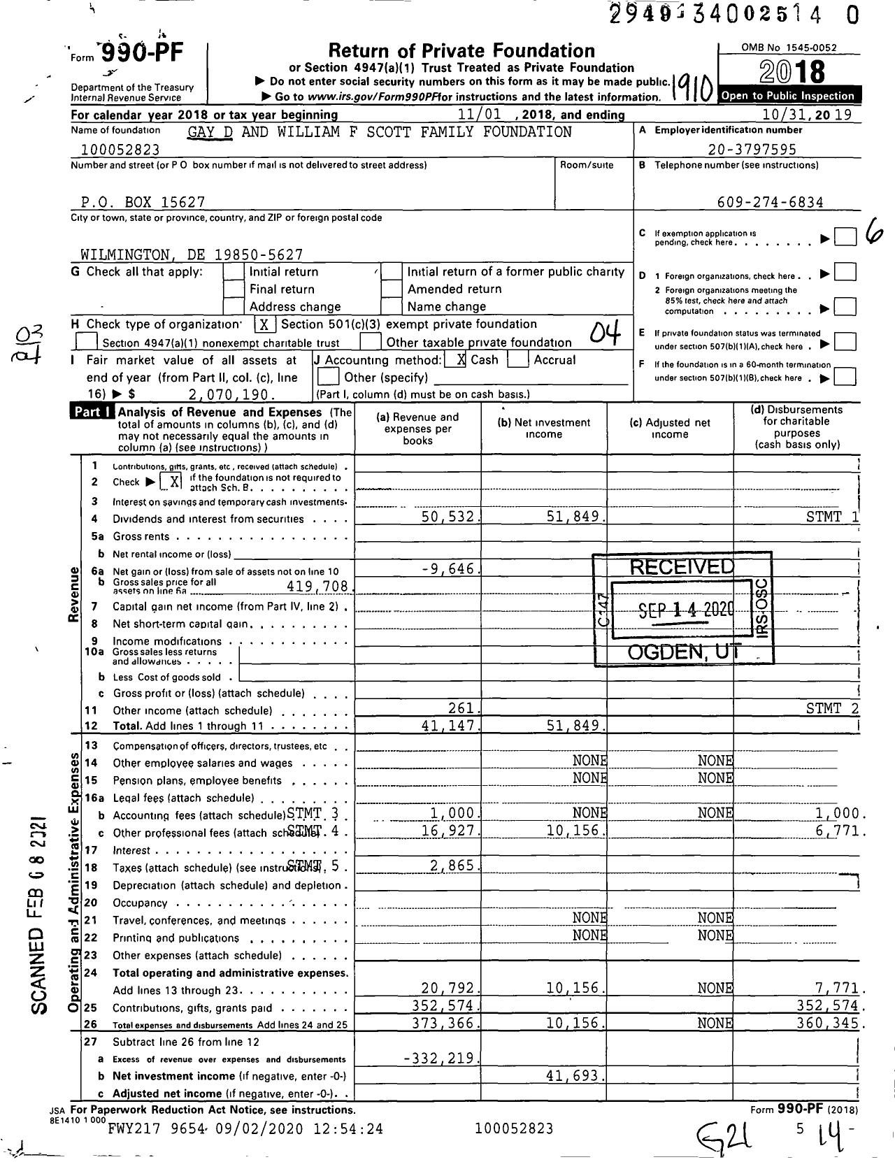 Image of first page of 2018 Form 990PF for Gay D and William F Scott Family Foundation