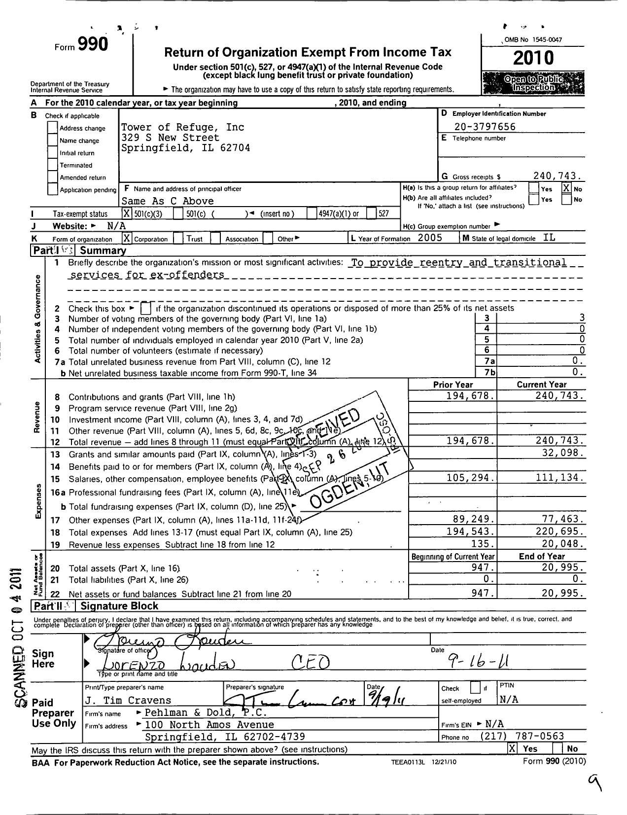 Image of first page of 2010 Form 990 for Tower of Refuge