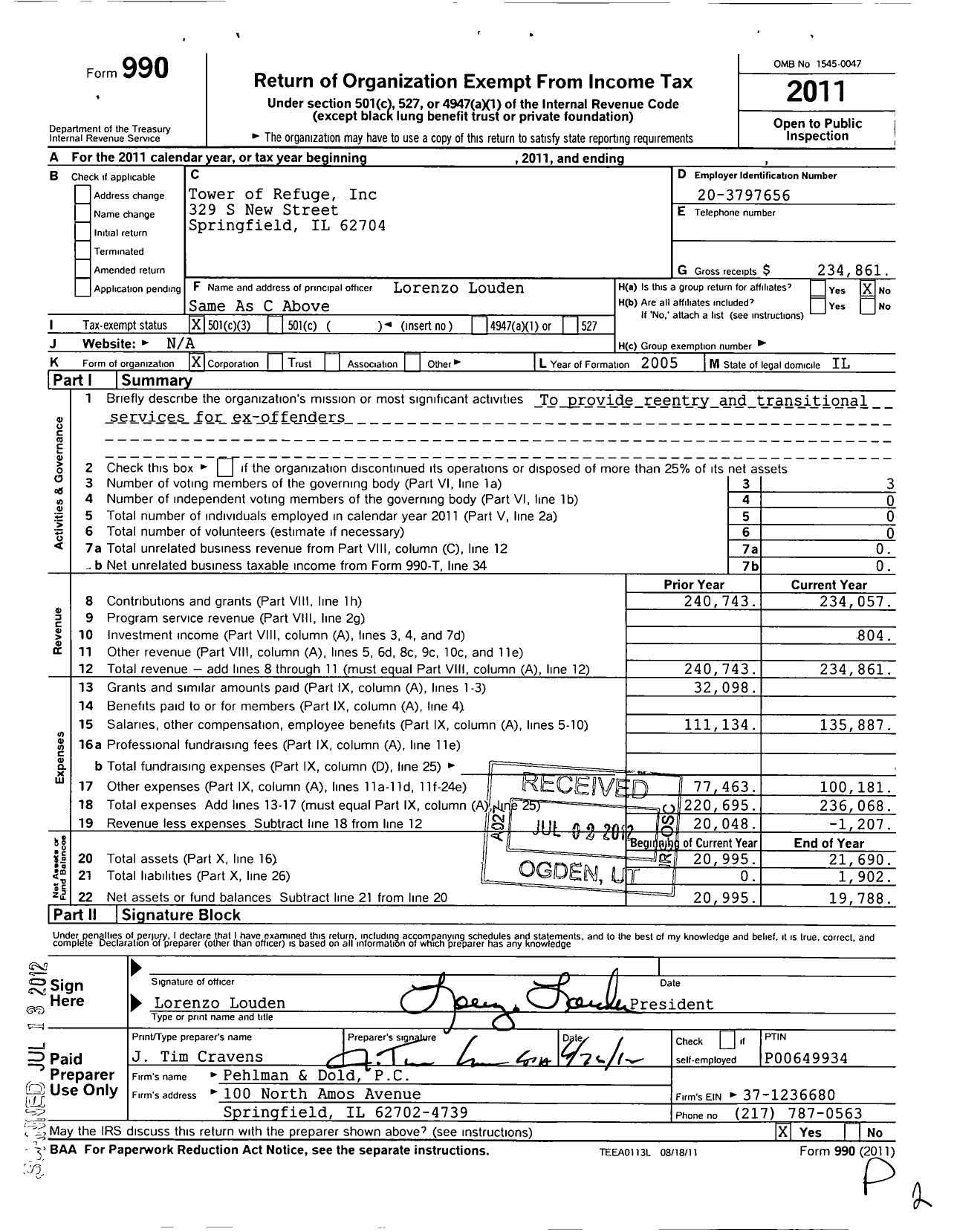 Image of first page of 2011 Form 990 for Tower of Refuge