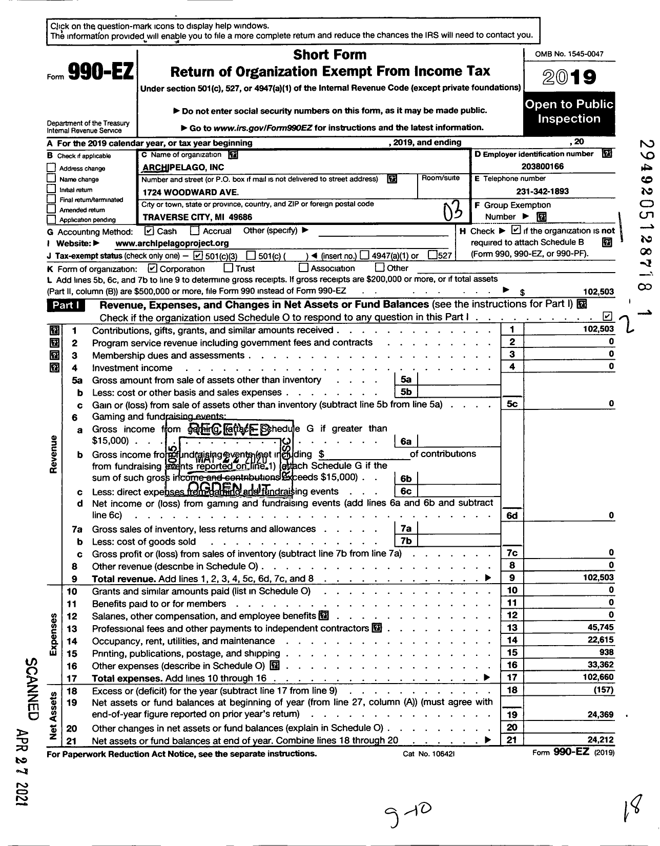 Image of first page of 2019 Form 990EZ for Archipelago