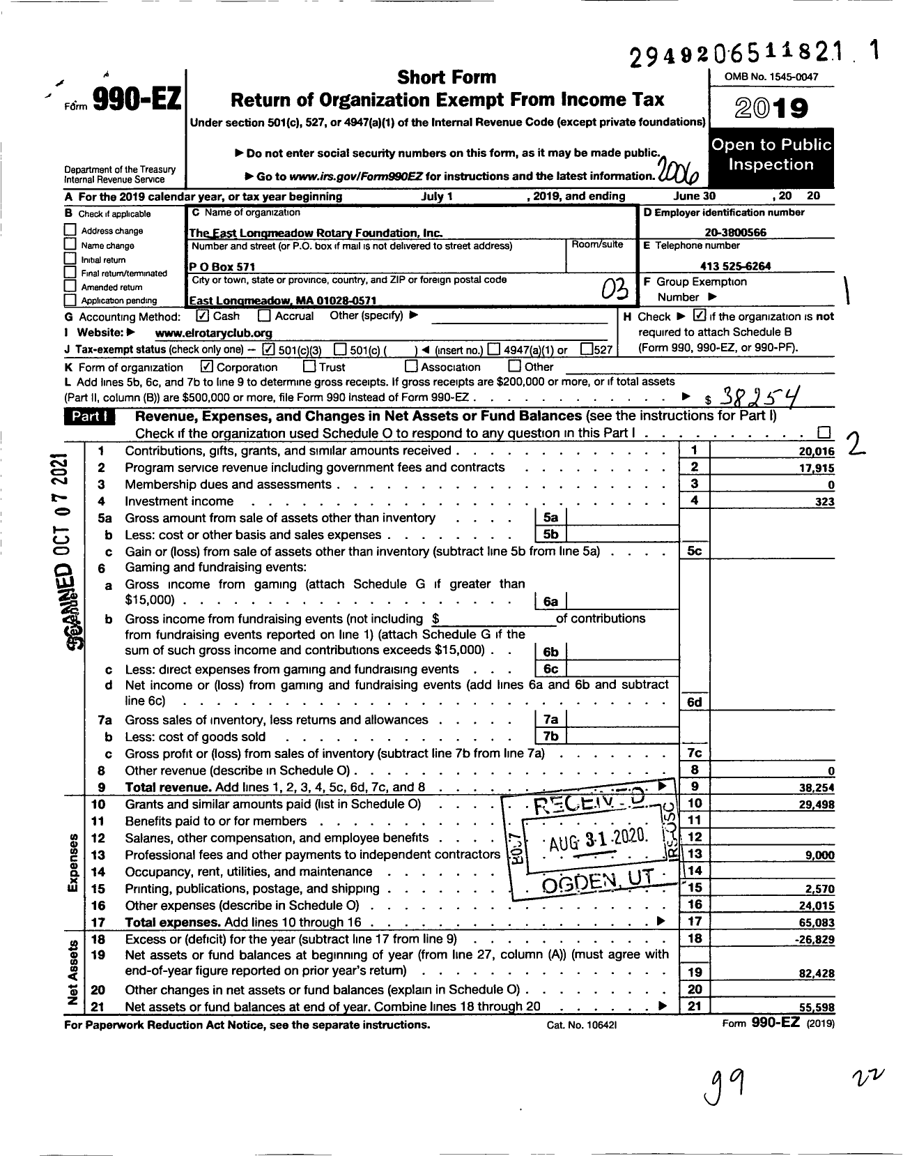 Image of first page of 2019 Form 990EZ for East Longmeadow Rotary Foundation