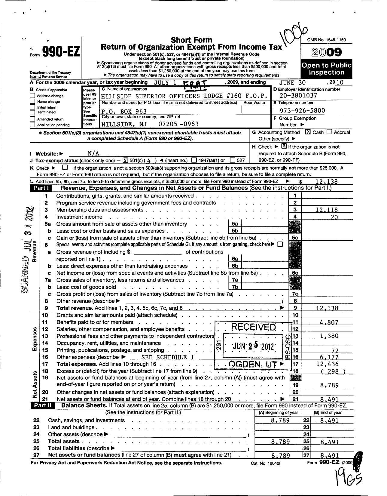 Image of first page of 2009 Form 990EO for Fraternal Order of Police - 160 Hillside Police Superiors