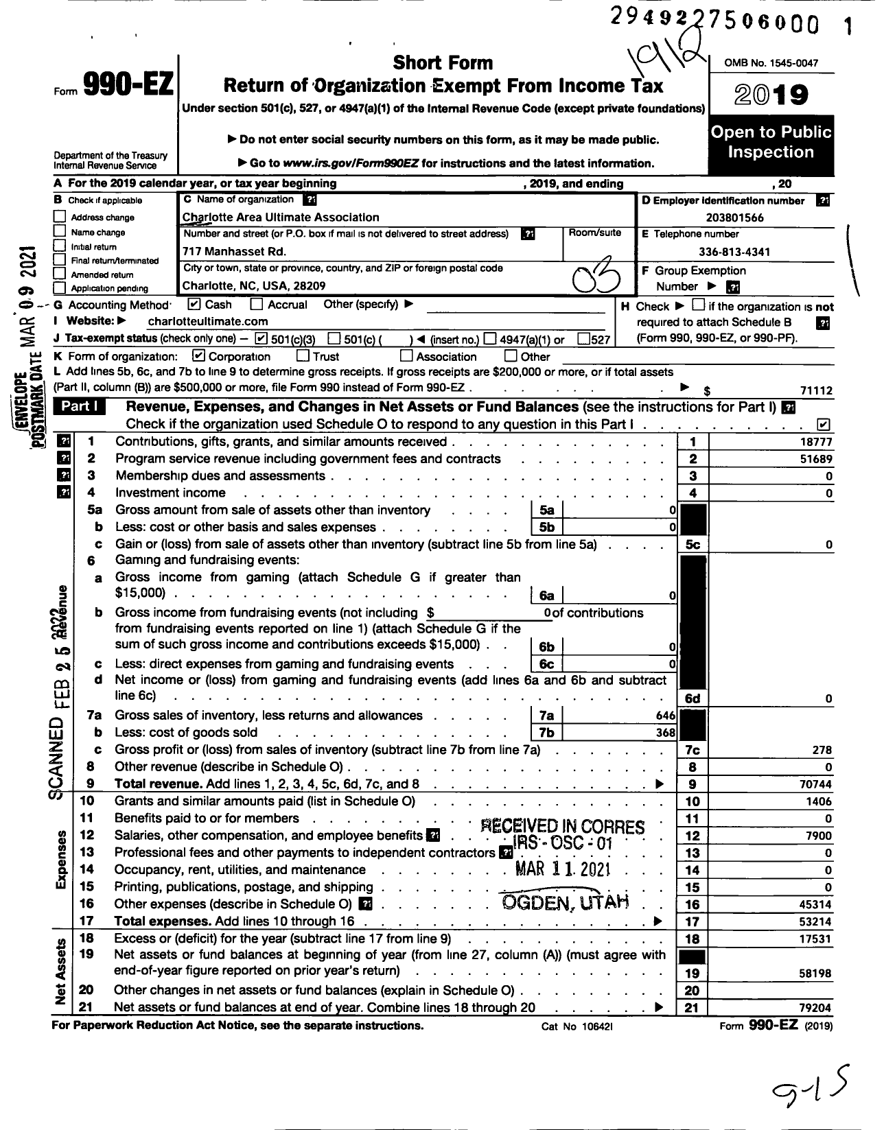 Image of first page of 2019 Form 990EZ for Charlotte Area Ultimate Association