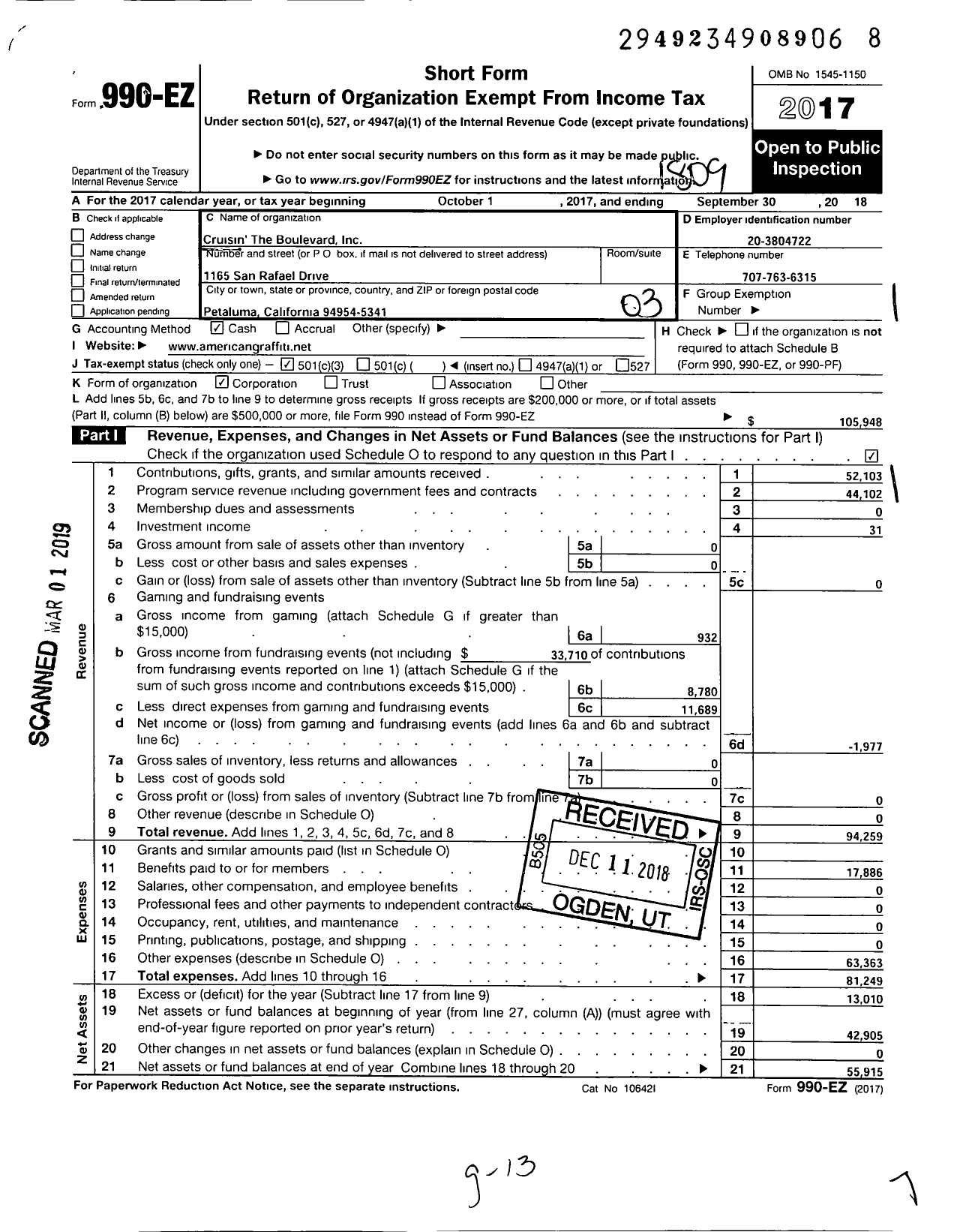 Image of first page of 2017 Form 990EZ for Cruisin' The Boulevard